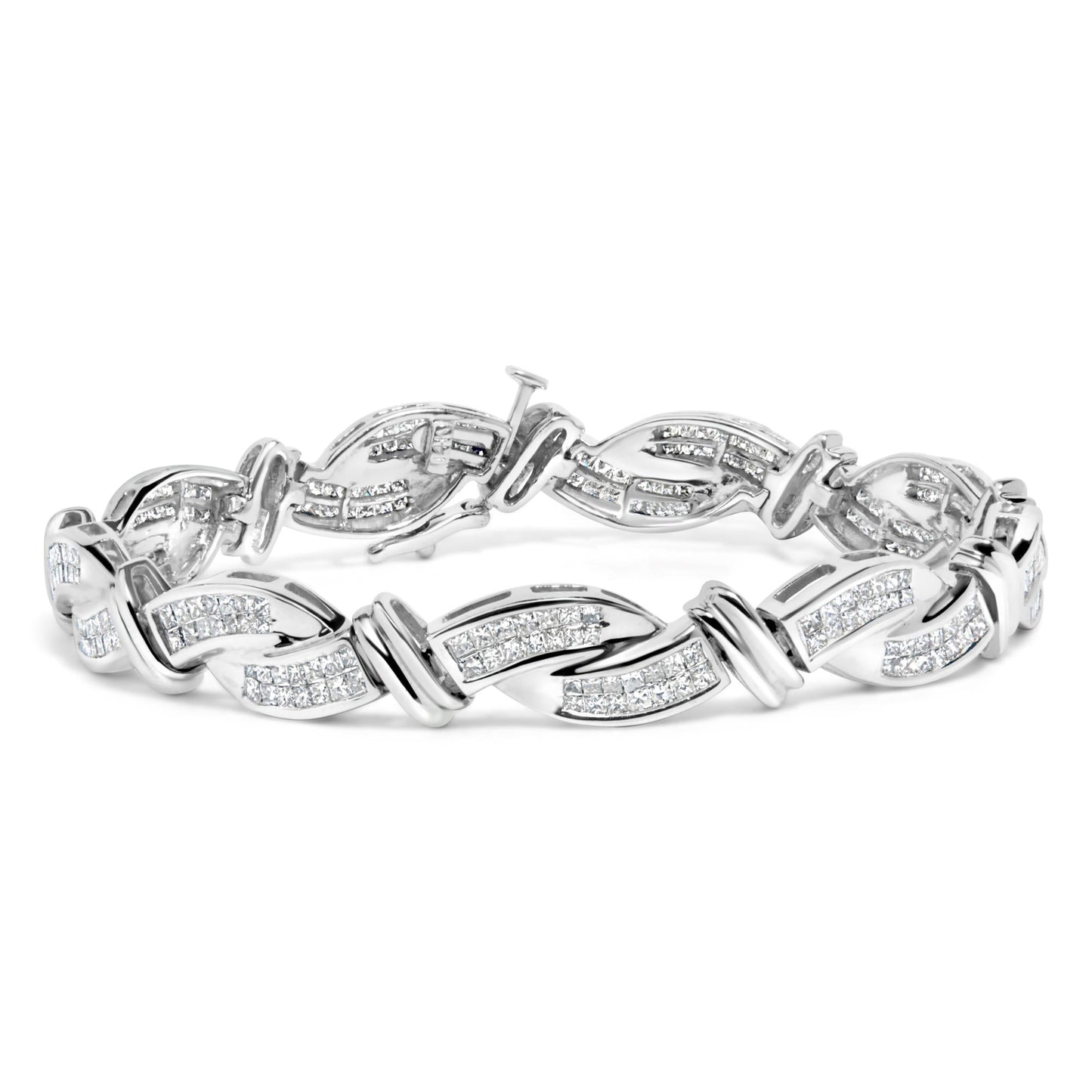 14K White Gold 4.0 Cttw Invisble Set Princess-Cut Diamond Wave Style Link Bracelet (H-I Color, SI2-I1 Clarity) - 7"-0