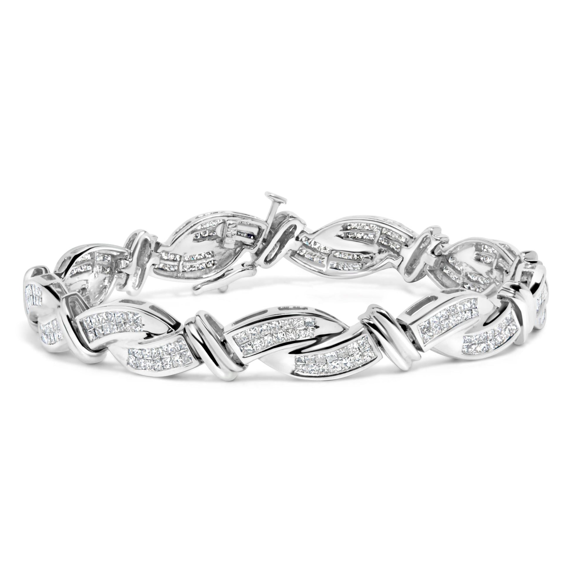 14K White Gold 4.0 Cttw Invisble Set Princess-Cut Diamond Wave Style Link Bracelet (H-I Color, SI2-I1 Clarity) - 7"-0