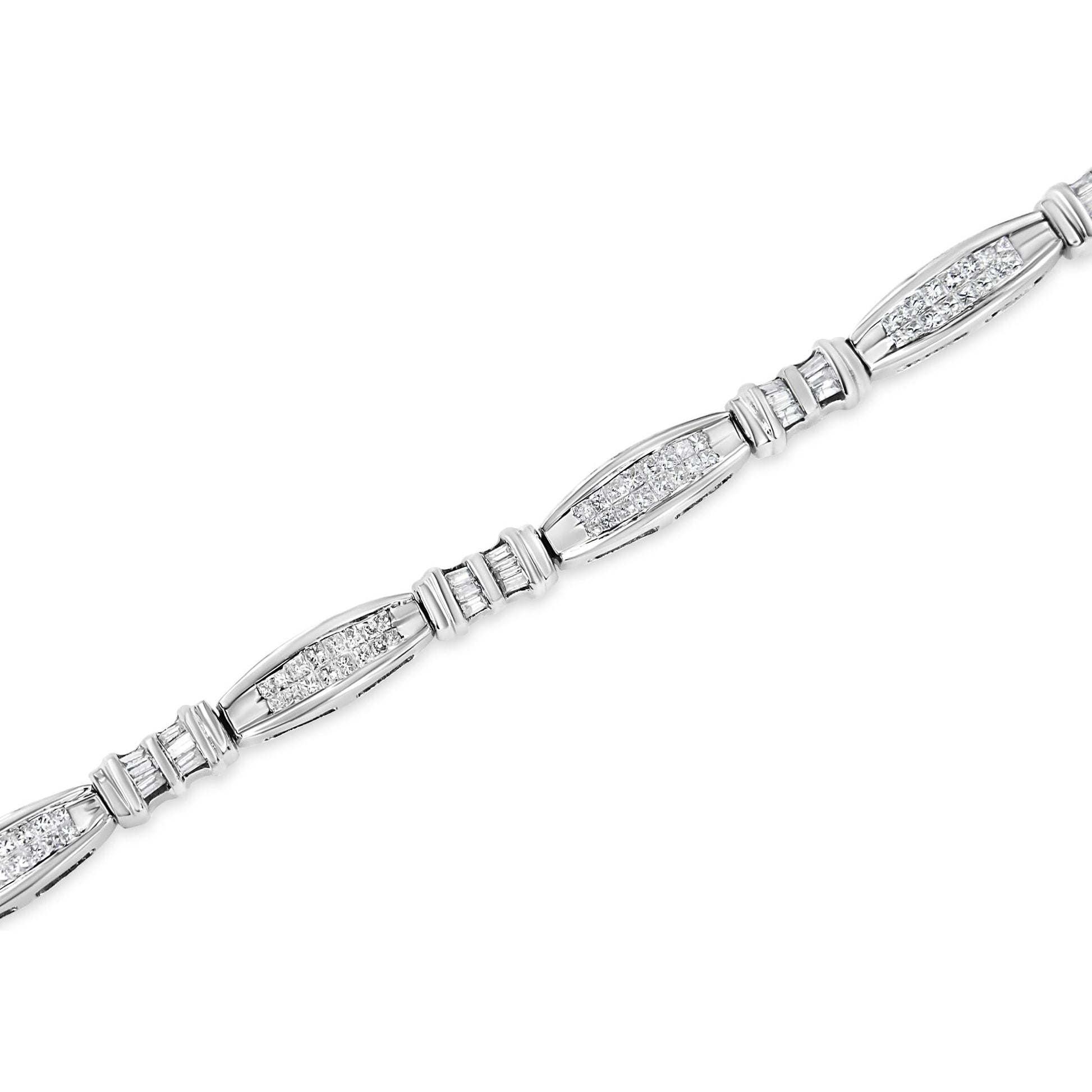 14K White Gold 2.0 Cttw Channel-Set Alternating Baguette and Princess-Cut Diamond Link Bracelet (H-I Color, SI2-I1 Clarity) - Size 7-3