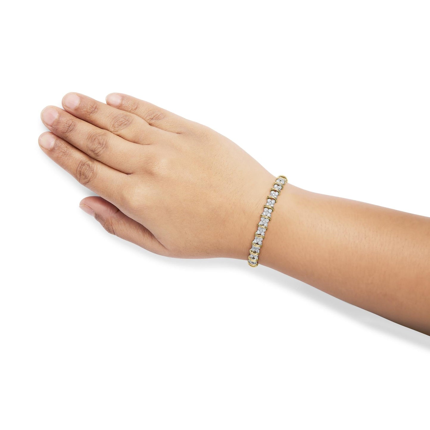 10K Yellow Gold Plated .925 Sterling Silver 2.0 Cttw Round Diamond Cluster "X" Shaped Link Bracelet (H-I Color, I3 Clarity) - 7"-2