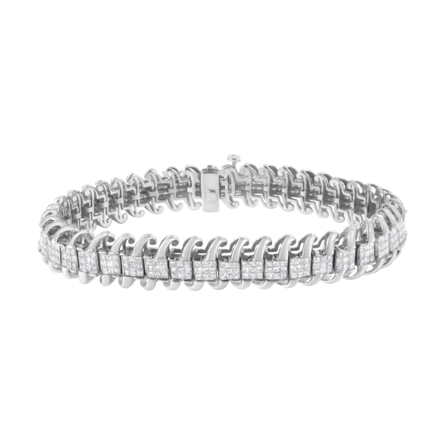 14K White Gold 5.0 Cttw Princess Cut Diamond 7" Invisible Set Wavy S-Link Tennis Bracelet (G-H Color, SI1-SI2 Clarity)-0