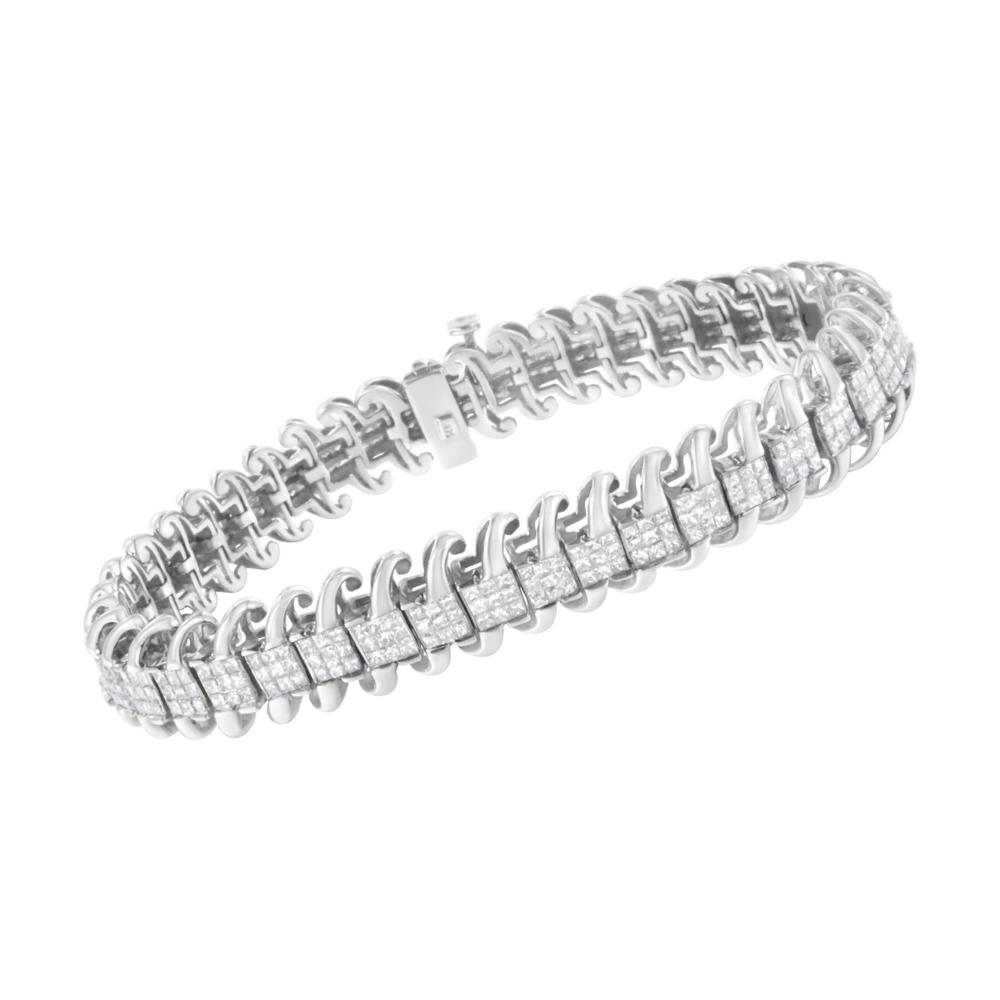 14K White Gold 5.0 Cttw Princess Cut Diamond 7" Invisible Set Wavy S-Link Tennis Bracelet (G-H Color, SI1-SI2 Clarity)-3