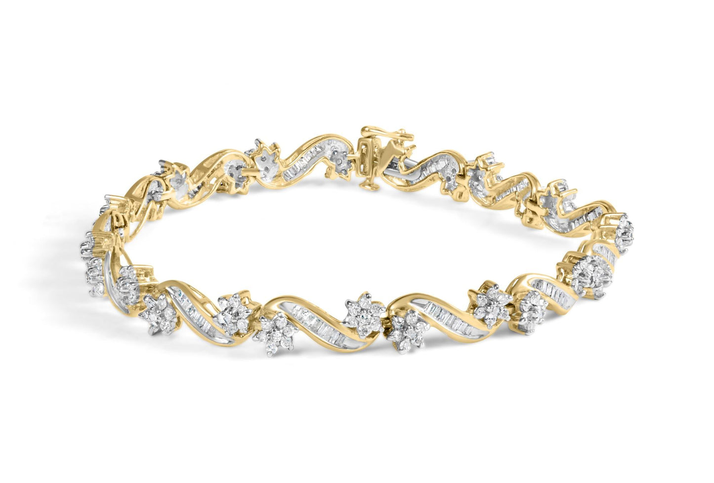 10k Yellow Gold 3.00 Cttw Round-Cut and Baguette-Cut Floral Link 7.25" Bracelet (I-J Color, I1-I2 Clarity)-0