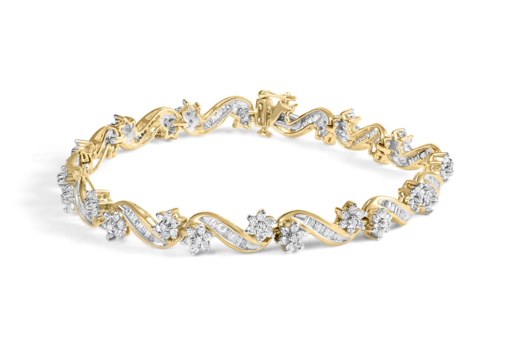 10k Yellow Gold 3.00 Cttw Round-Cut and Baguette-Cut Floral Link 7.25" Bracelet (I-J Color, I1-I2 Clarity)-0