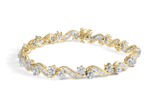 10k Yellow Gold 3.00 Cttw Round-Cut and Baguette-Cut Floral Link 7.25" Bracelet (I-J Color, I1-I2 Clarity)-0