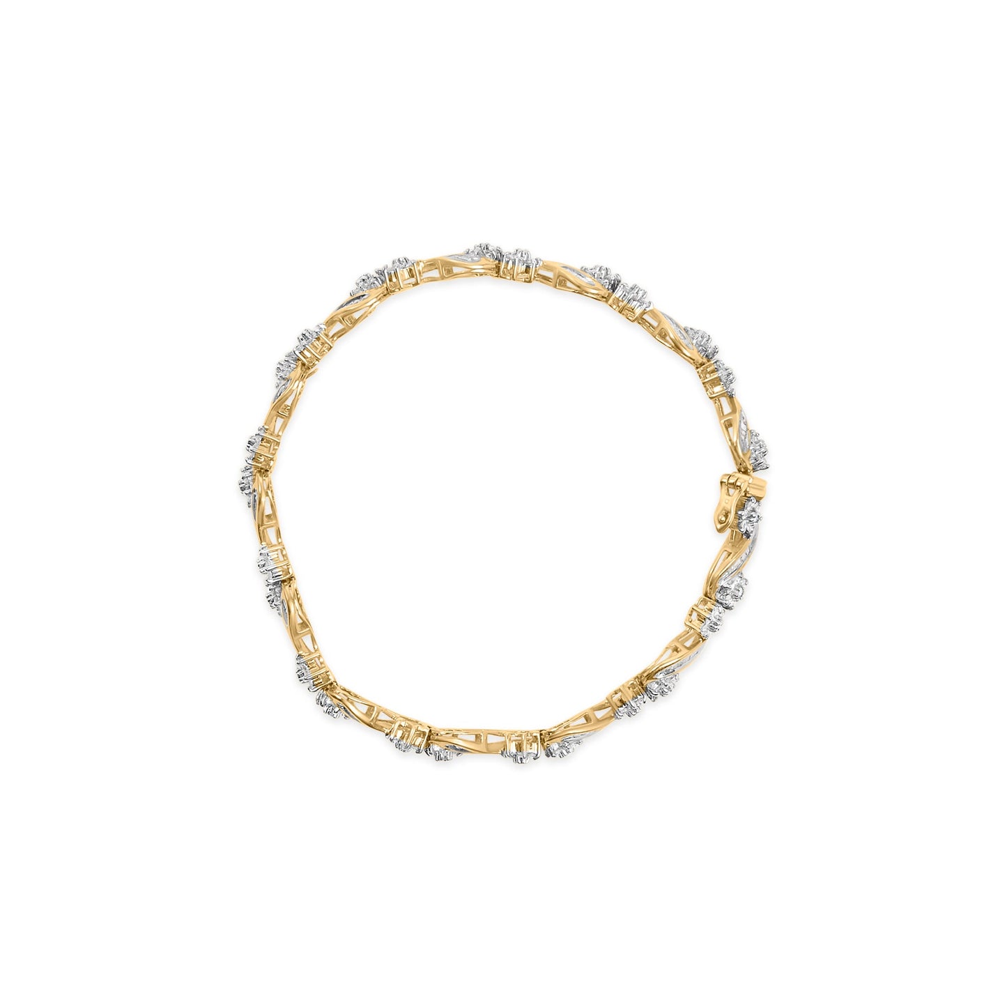 10k Yellow Gold 3.00 Cttw Round-Cut and Baguette-Cut Floral Link 7.25" Bracelet (I-J Color, I1-I2 Clarity)-3