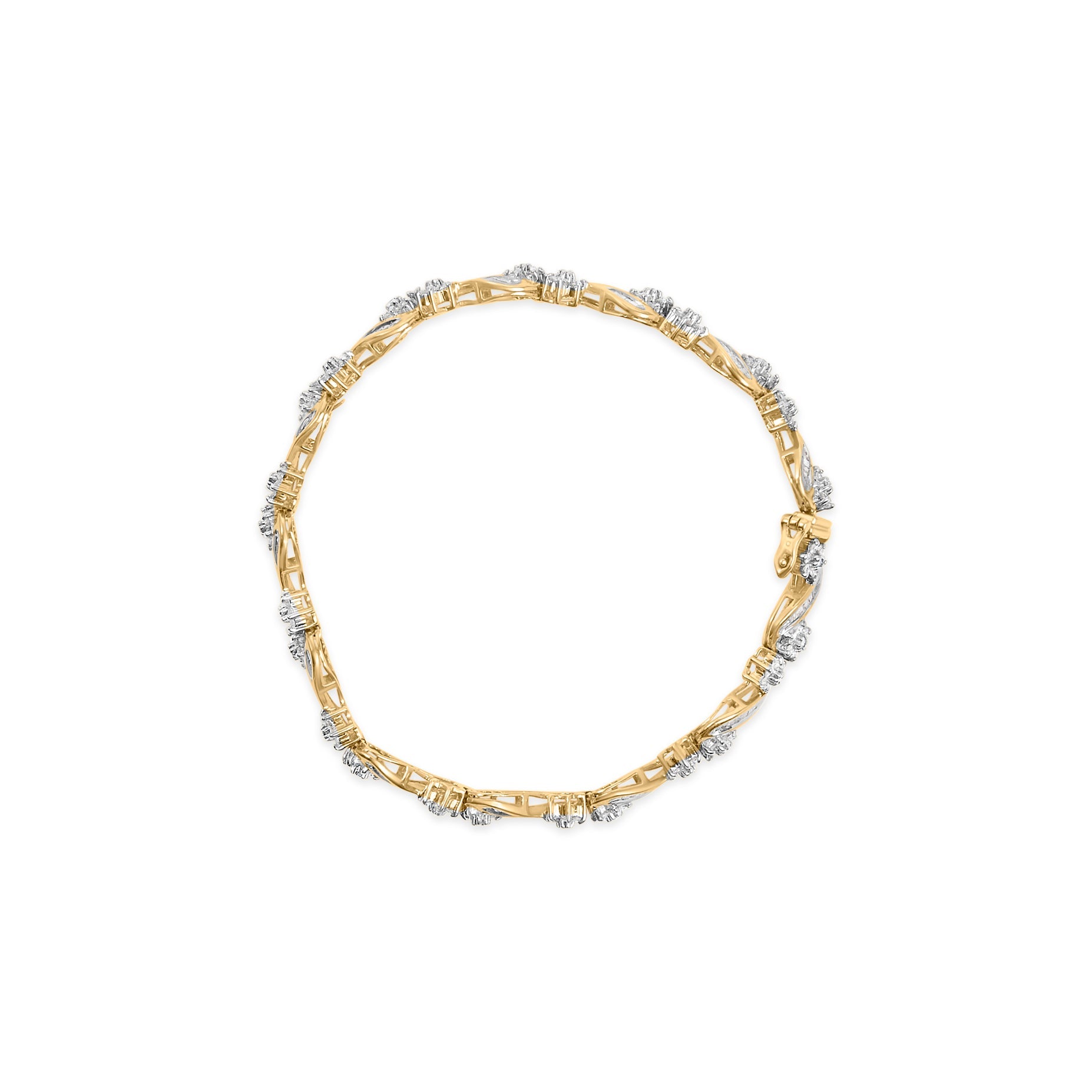 10k Yellow Gold 3.00 Cttw Round-Cut and Baguette-Cut Floral Link 7.25" Bracelet (I-J Color, I1-I2 Clarity)-3