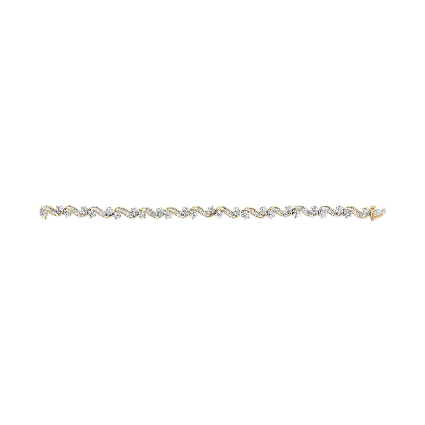 10k Yellow Gold 3.00 Cttw Round-Cut and Baguette-Cut Floral Link 7.25" Bracelet (I-J Color, I1-I2 Clarity)-4