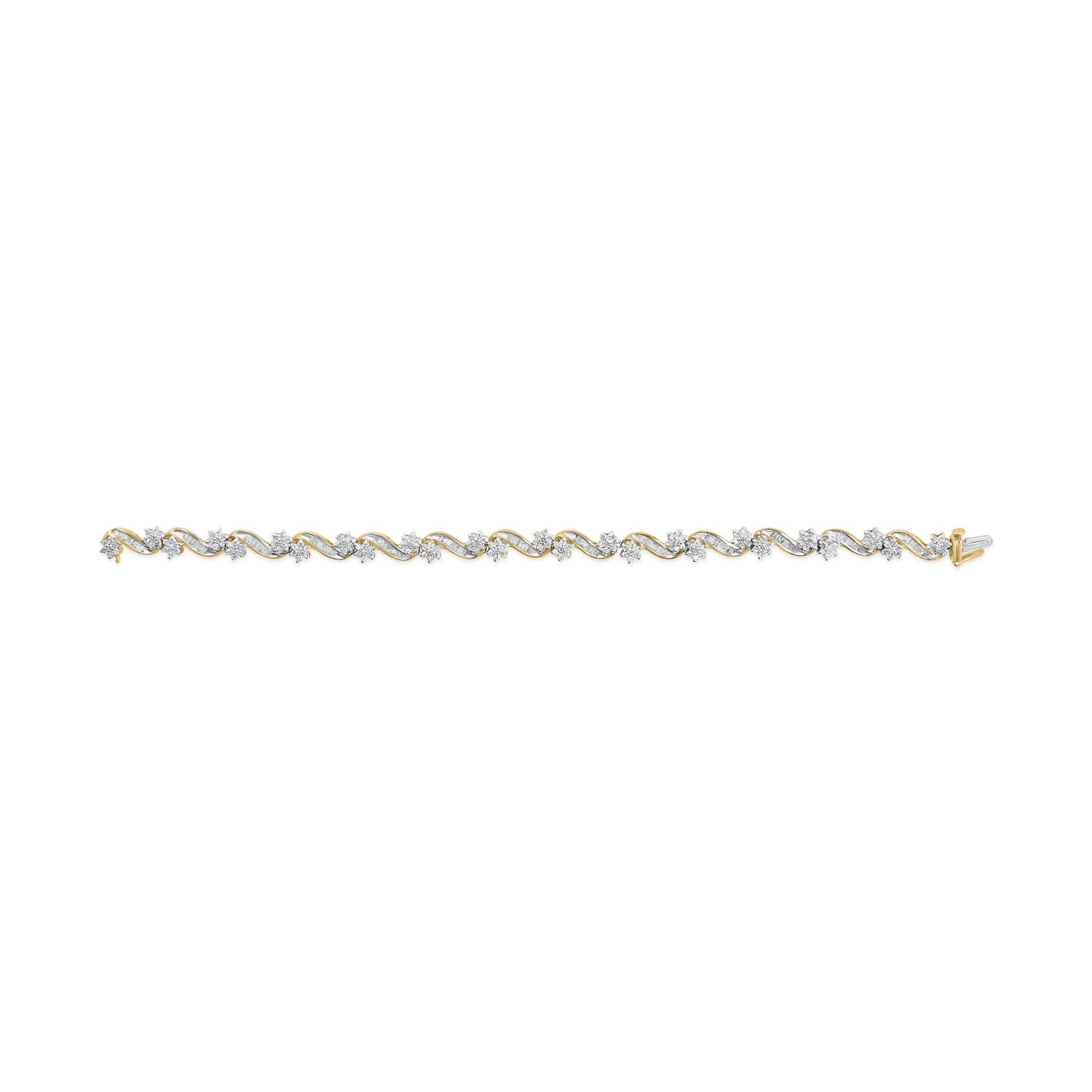 10k Yellow Gold 3.00 Cttw Round-Cut and Baguette-Cut Floral Link 7.25" Bracelet (I-J Color, I1-I2 Clarity)-4