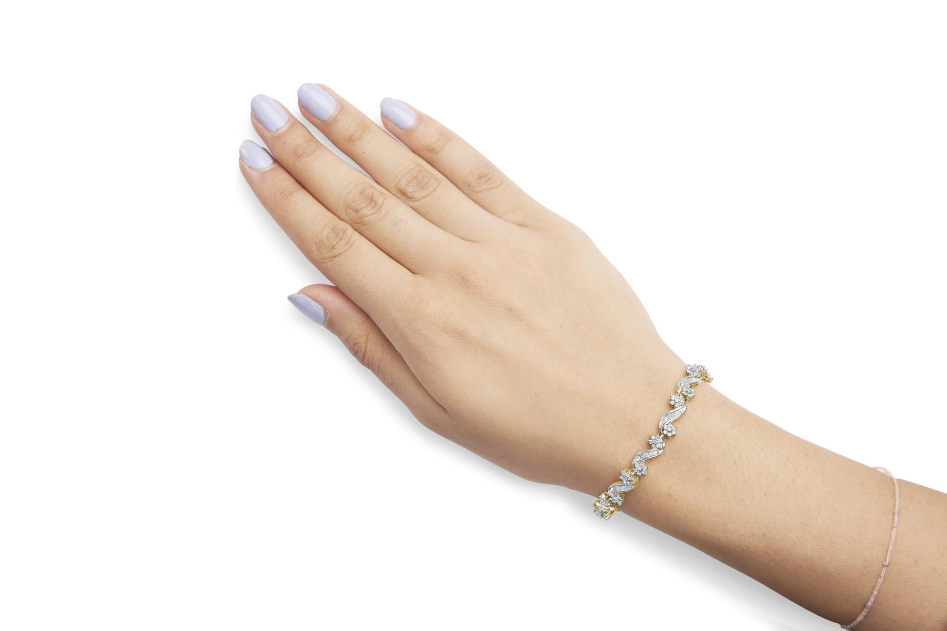 10k Yellow Gold 3.00 Cttw Round-Cut and Baguette-Cut Floral Link 7.25" Bracelet (I-J Color, I1-I2 Clarity)-2