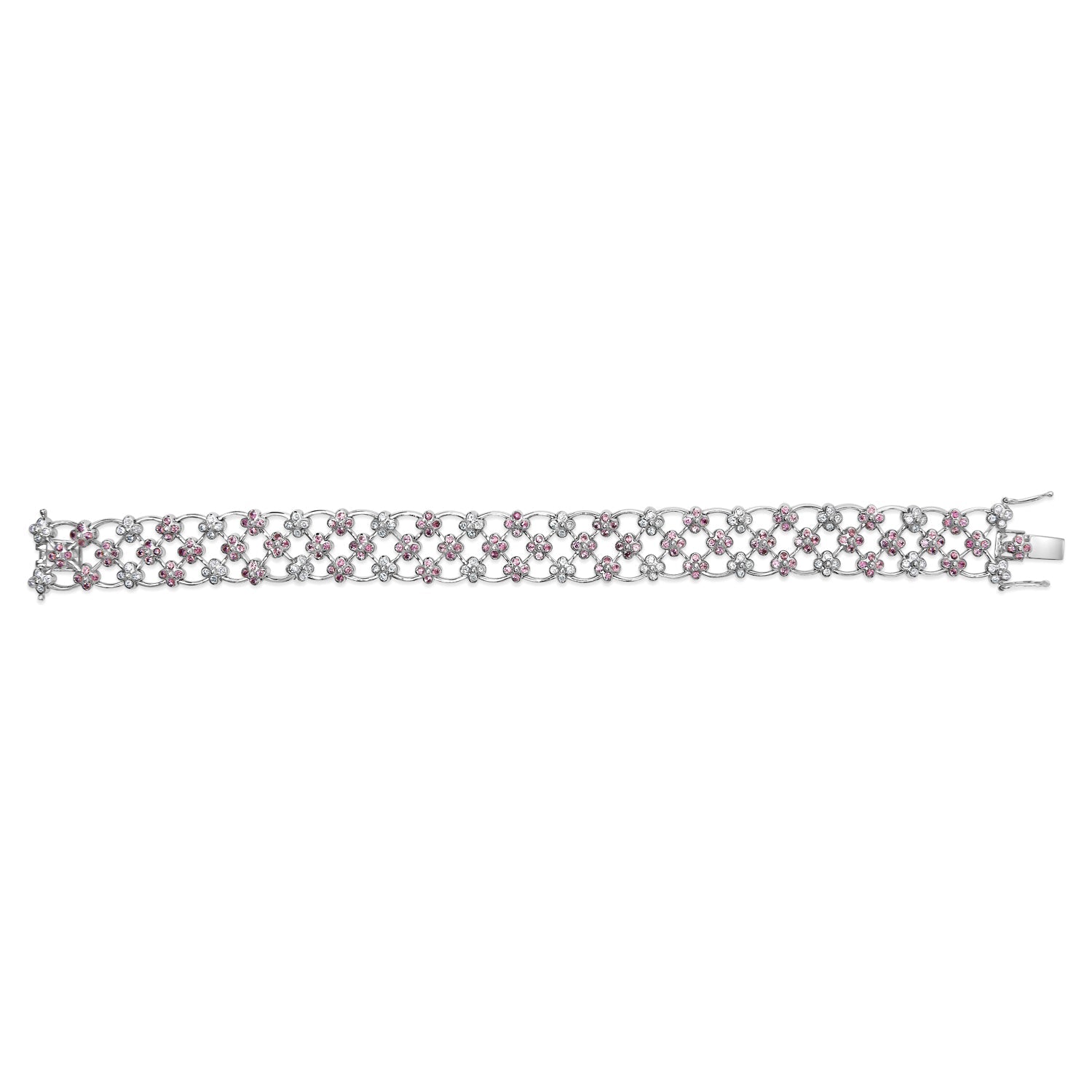14K White Gold Pink Sapphire and Diamond Floral Lattice Link Bracelet - 7.25" Inches-3