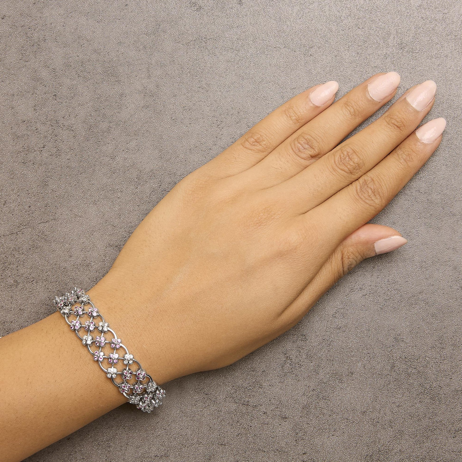 14K White Gold Pink Sapphire and Diamond Floral Lattice Link Bracelet - 7.25" Inches-2