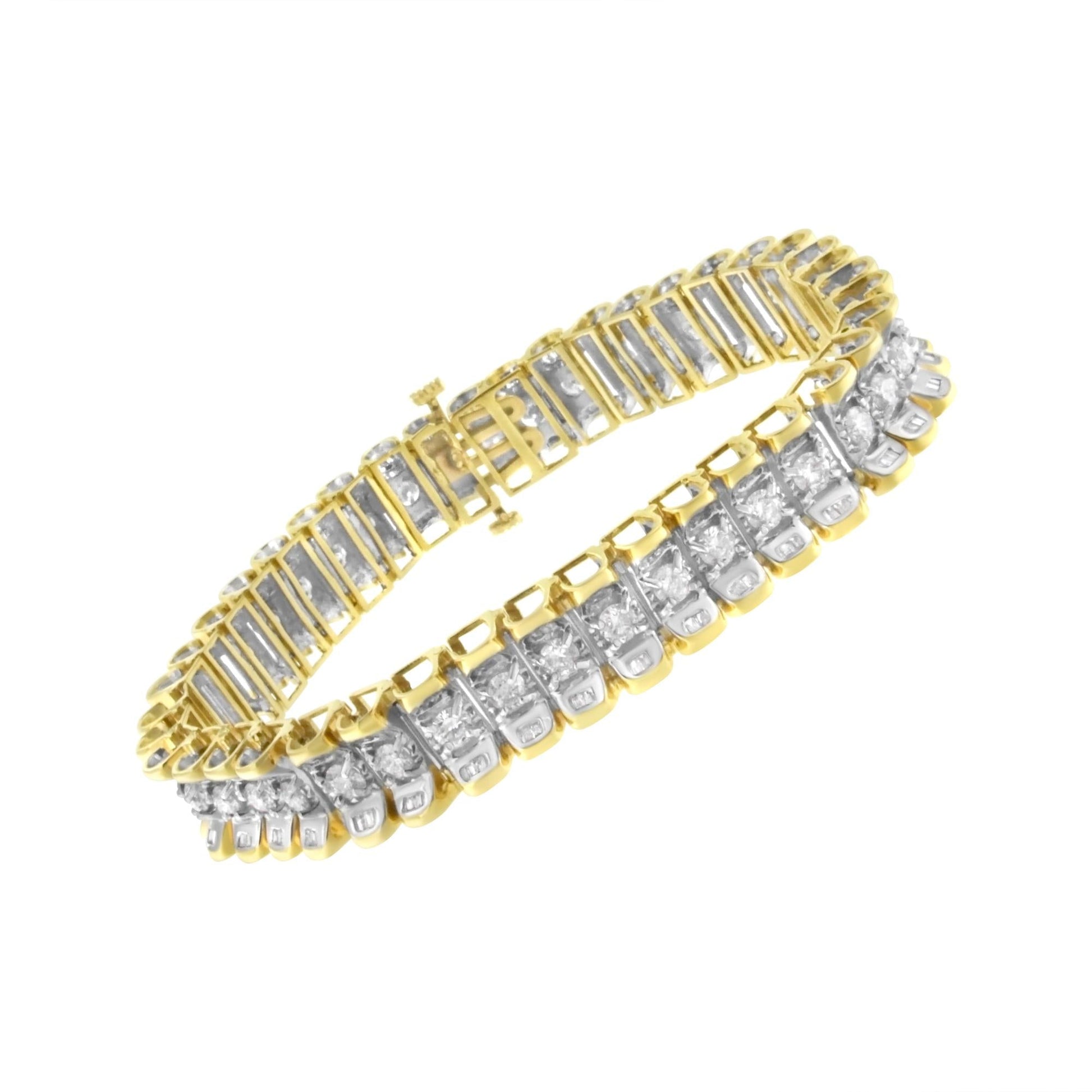 14K Yellow and White Gold 5.0 Cttw Round & Baguette Cut Diamond 7" Reflective Tennis Bracelet (H-I Color, I1-I2 Clarity)-3