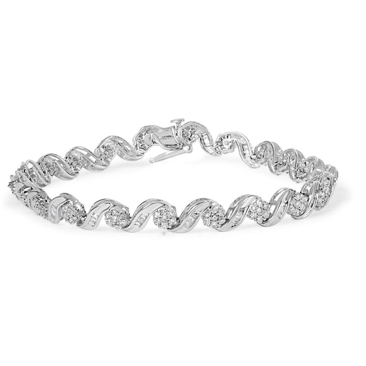 10K White Gold 2.00 Cttw Round-Cut and Baguette-Cut Diamond Floral Design Swirl Link 7" Bracelet (I-J Color, I1-I2 Clarity)-0