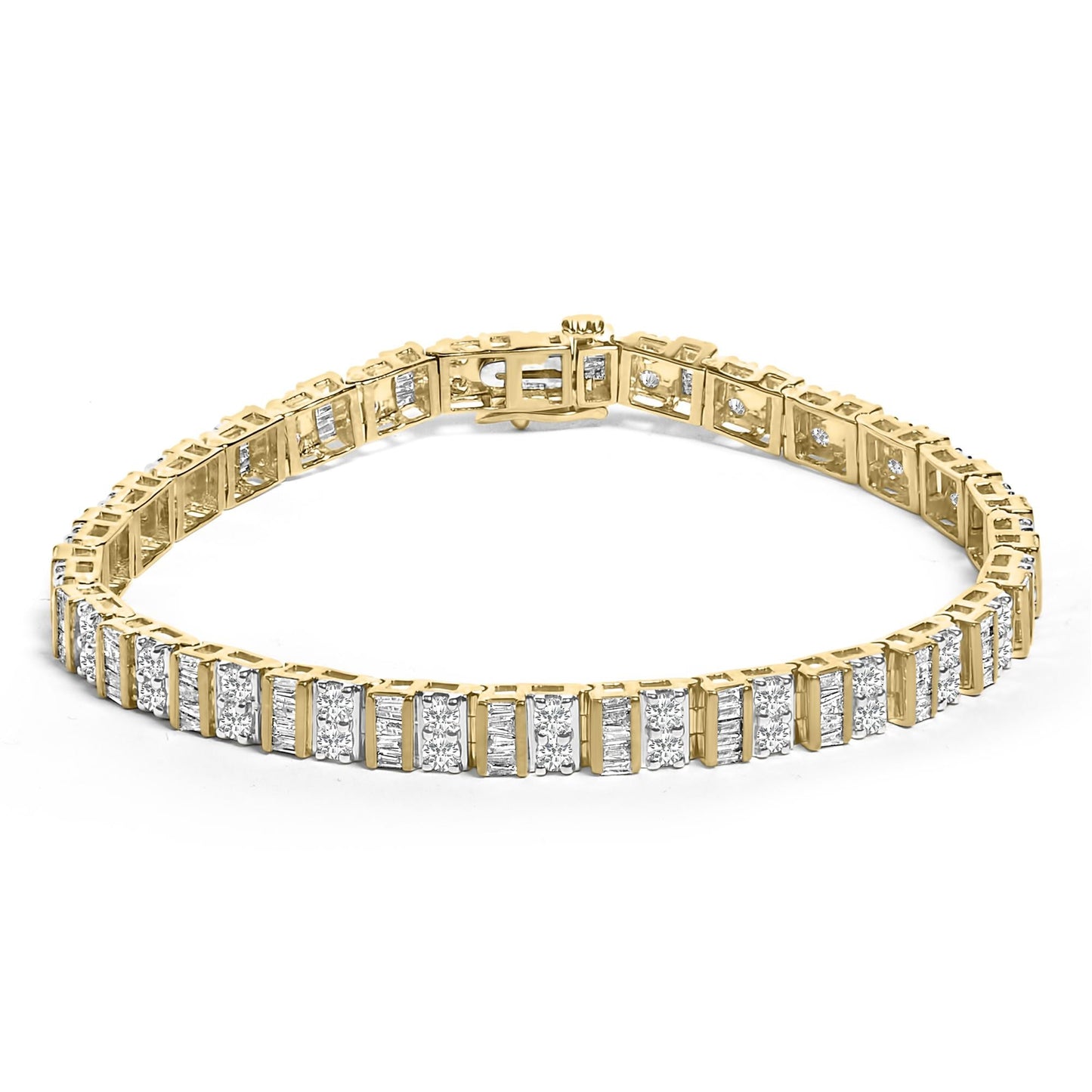 10K Yellow Gold 4.0 Cttw Alternating Baguette & Round Cut Diamond Bezel- & Prong-Set 7" Tennis Bracelet (G-H Color, SI1-SI2 Clarity)-0