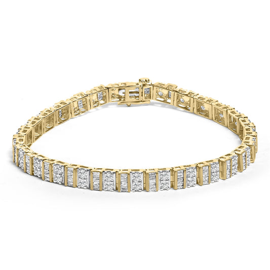 10K Yellow Gold 4.0 Cttw Alternating Baguette & Round Cut Diamond Bezel- & Prong-Set 7" Tennis Bracelet (G-H Color, SI1-SI2 Clarity)-0
