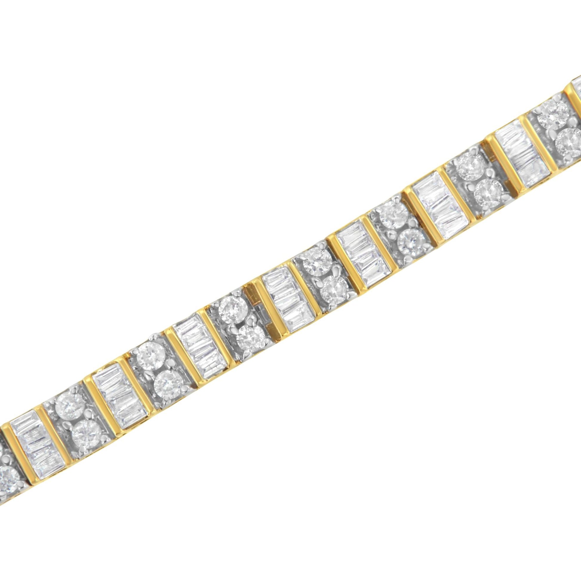 10K Yellow Gold 4.0 Cttw Alternating Baguette & Round Cut Diamond Bezel- & Prong-Set 7" Tennis Bracelet (G-H Color, SI1-SI2 Clarity)-4