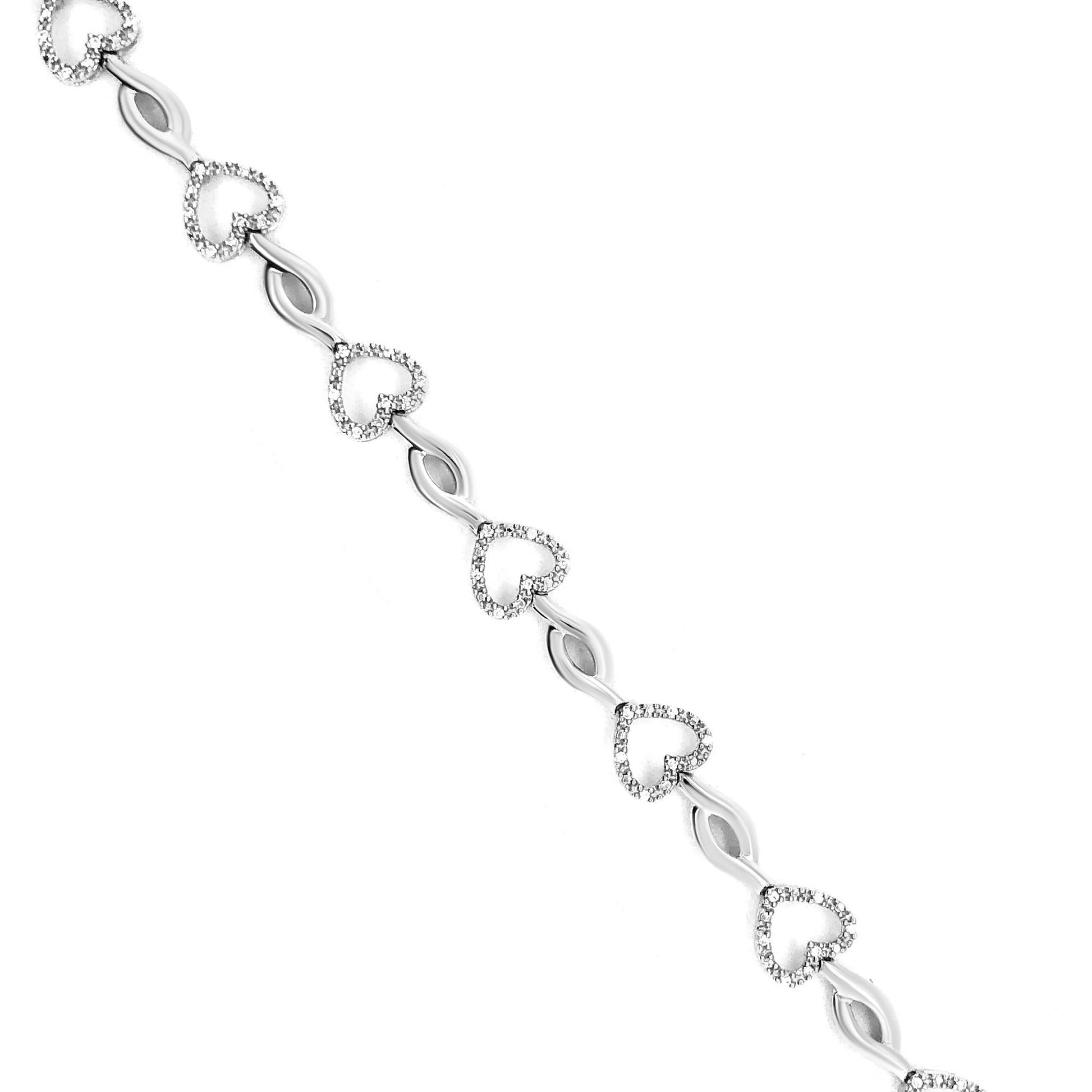 .925 Sterling Silver 1/4 Cttw Round-Cut Diamond Alternating Heart and Leaf Link Bracelet (I-J Color, I3 Clarity) - Size 7.25"-3