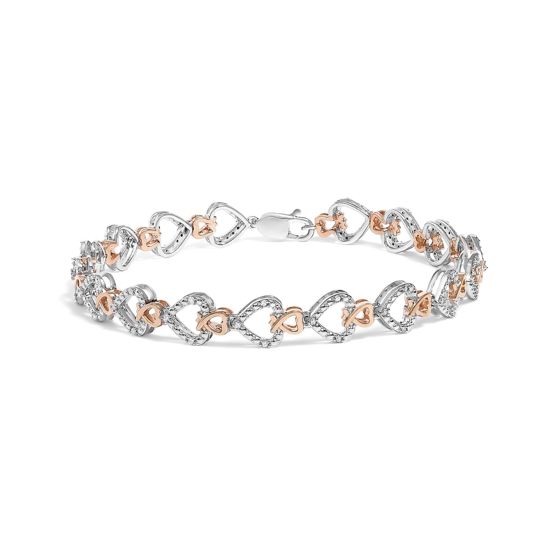 10K Rose Gold Plated Sterling Silver 1/4 Cttw Diamond Heart Link Bracelet-0