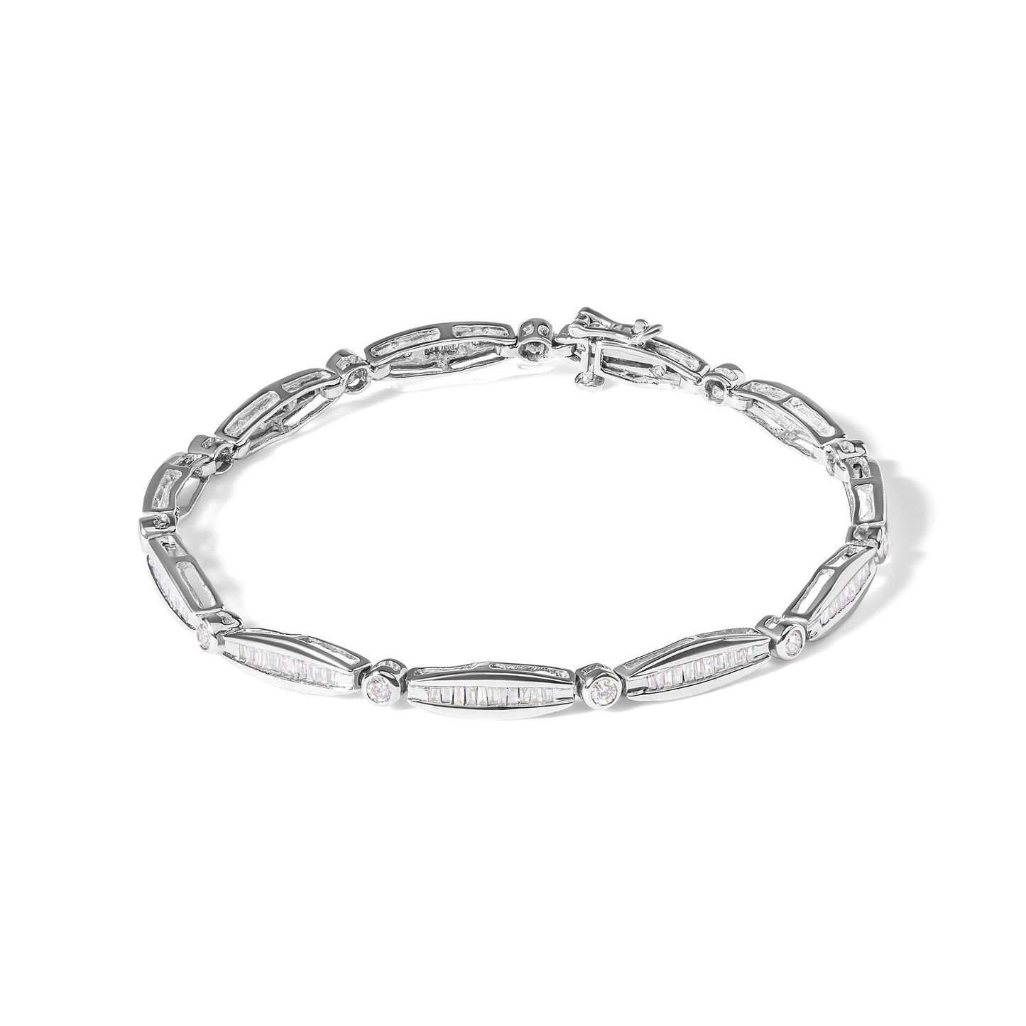 14K White Gold 1-1/2 Cttw Round Brilliant-Cut & Baguette Cut Diamond Bezel and Tapered Link 7" Tennis Bracelet (H-I Color, I1-I2 Clarity)-1