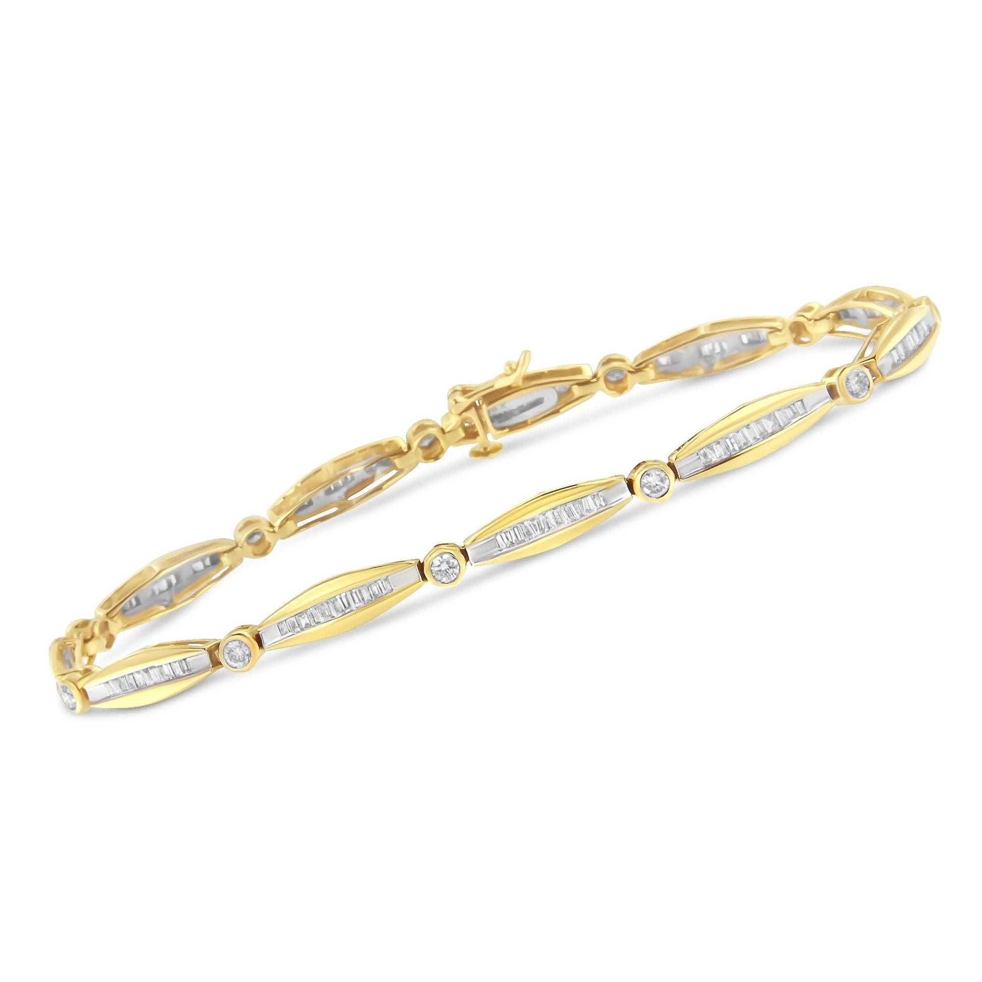 14K Yellow Gold 1-1/2 Cttw Round Brilliant-Cut & Baguette Cut Diamond Bezel and Tapered Link 7" Tennis Bracelet (H-I Color, I1-I2 Clarity)-3