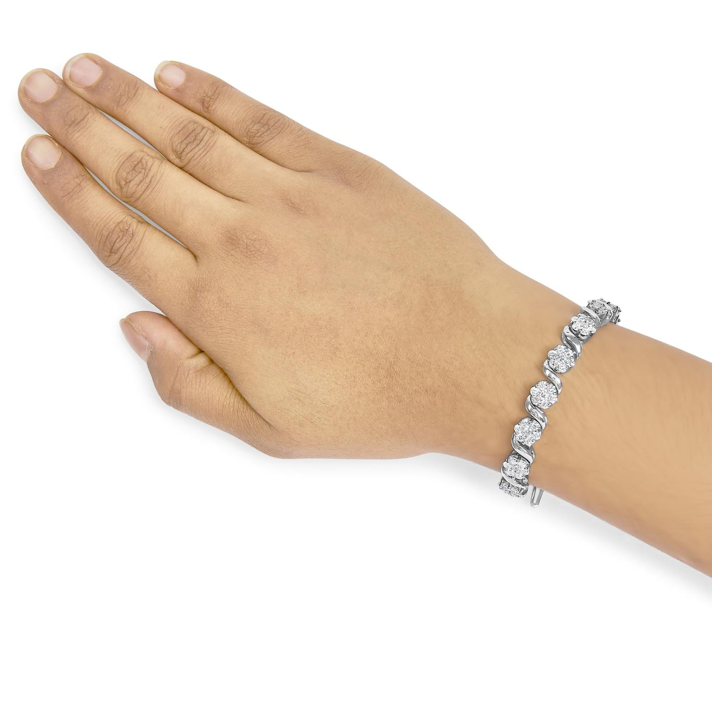 14K White Gold 7 3/8 Cttw Round Brilliant Diamond Floral Cluster and S Link Bracelet (H-I Color, SI2-I1 Clarity) - 7" Inches-2