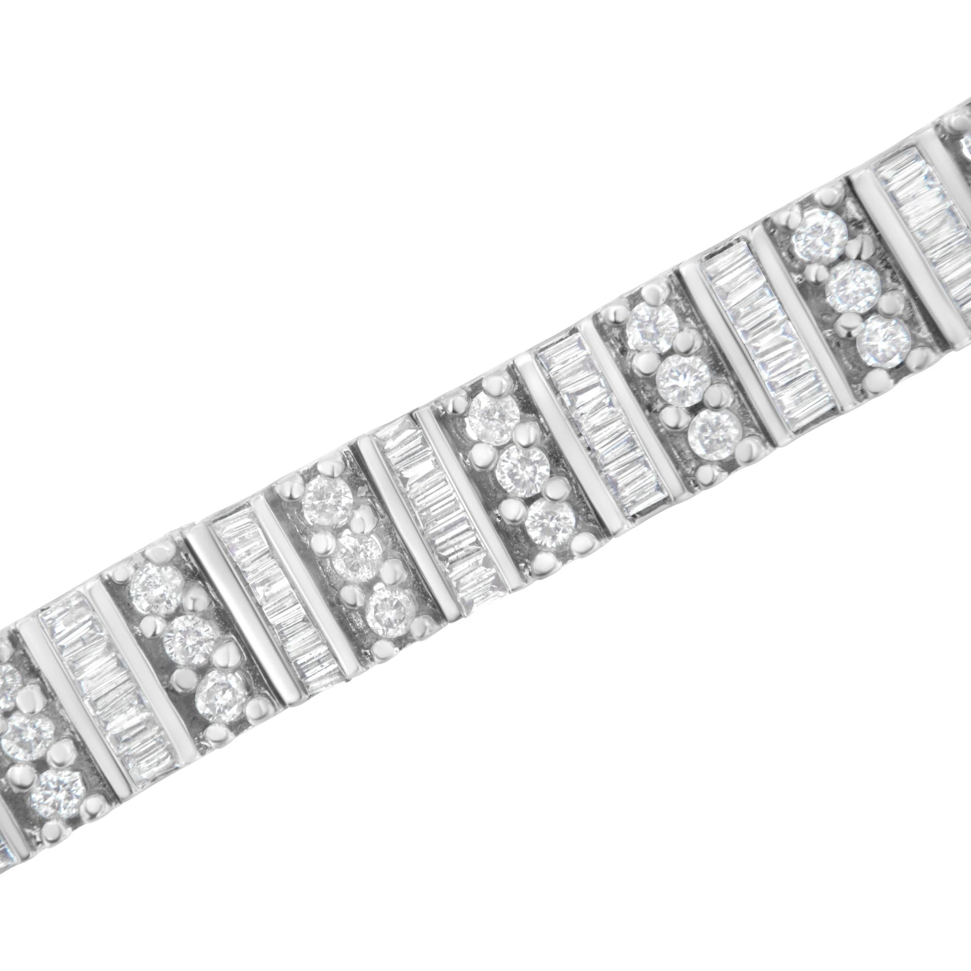 14K White Gold 4 7/8 cttw Baguette & Round Brilliant-Cut Diamond Channel- & Prong-Set Tennis Bracelet (I-J Color, I1-I2 Clarity) - Size 7.25"-3