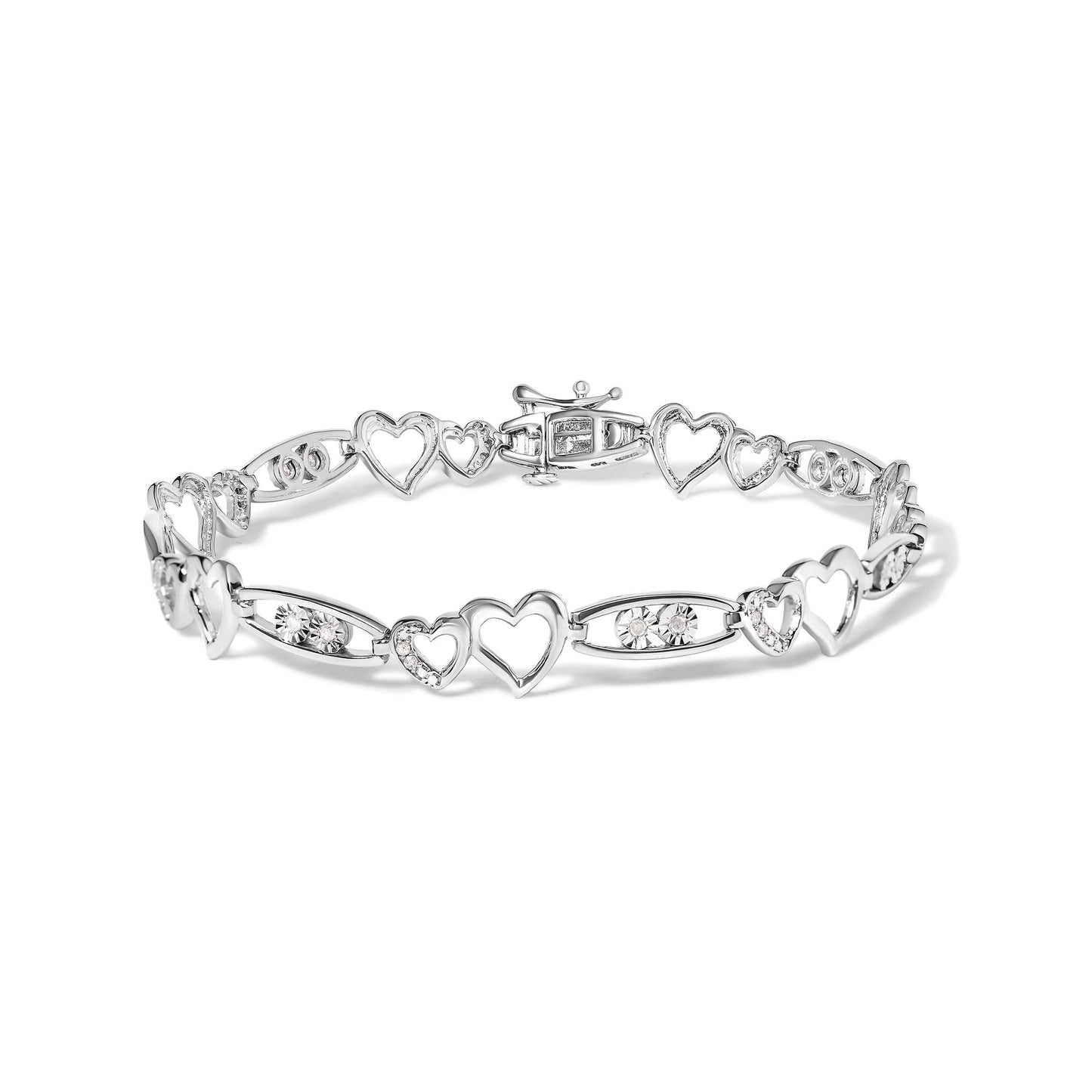 925 Sterling Silver 1/5 Cttw Diamond Double Heart Link Bracelet (I-J Color, I3 Clarity) - 7.25" Inches-0