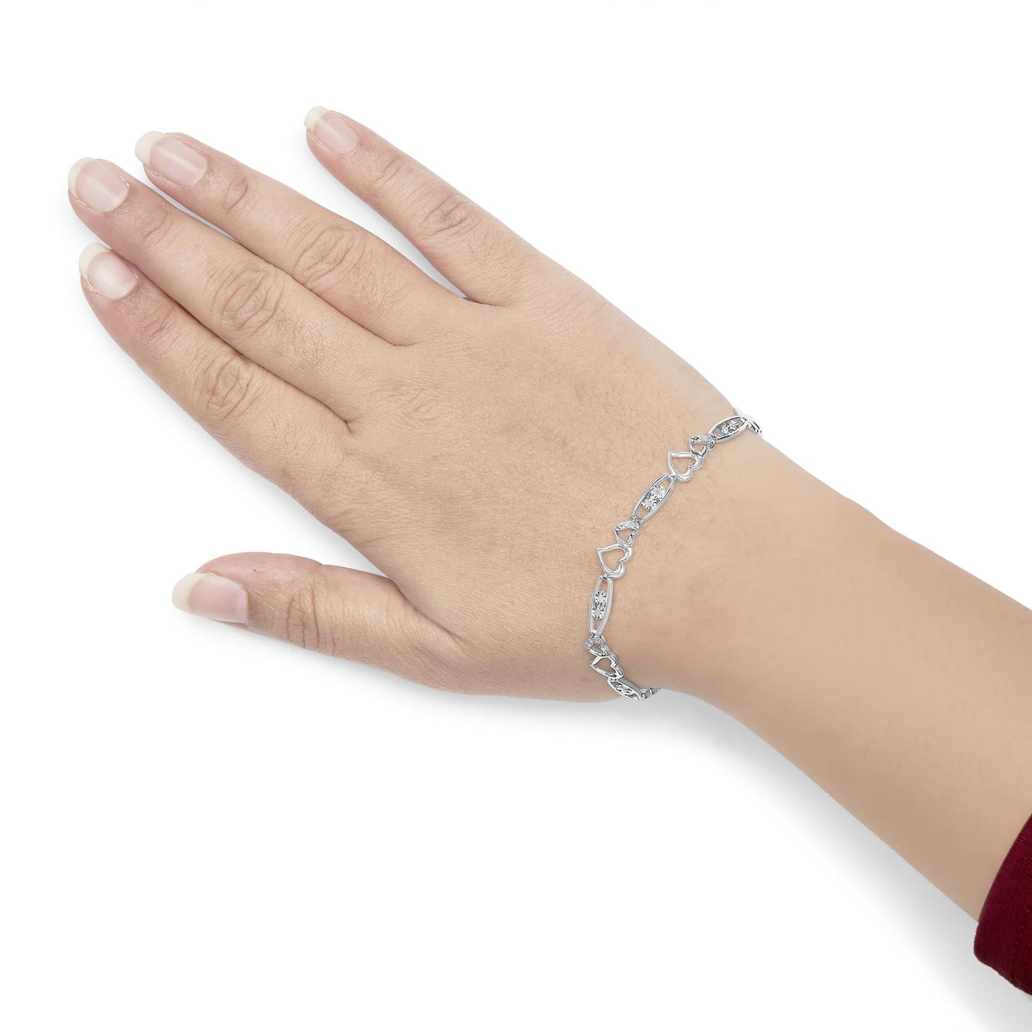 925 Sterling Silver 1/5 Cttw Diamond Double Heart Link Bracelet (I-J Color, I3 Clarity) - 7.25" Inches-2