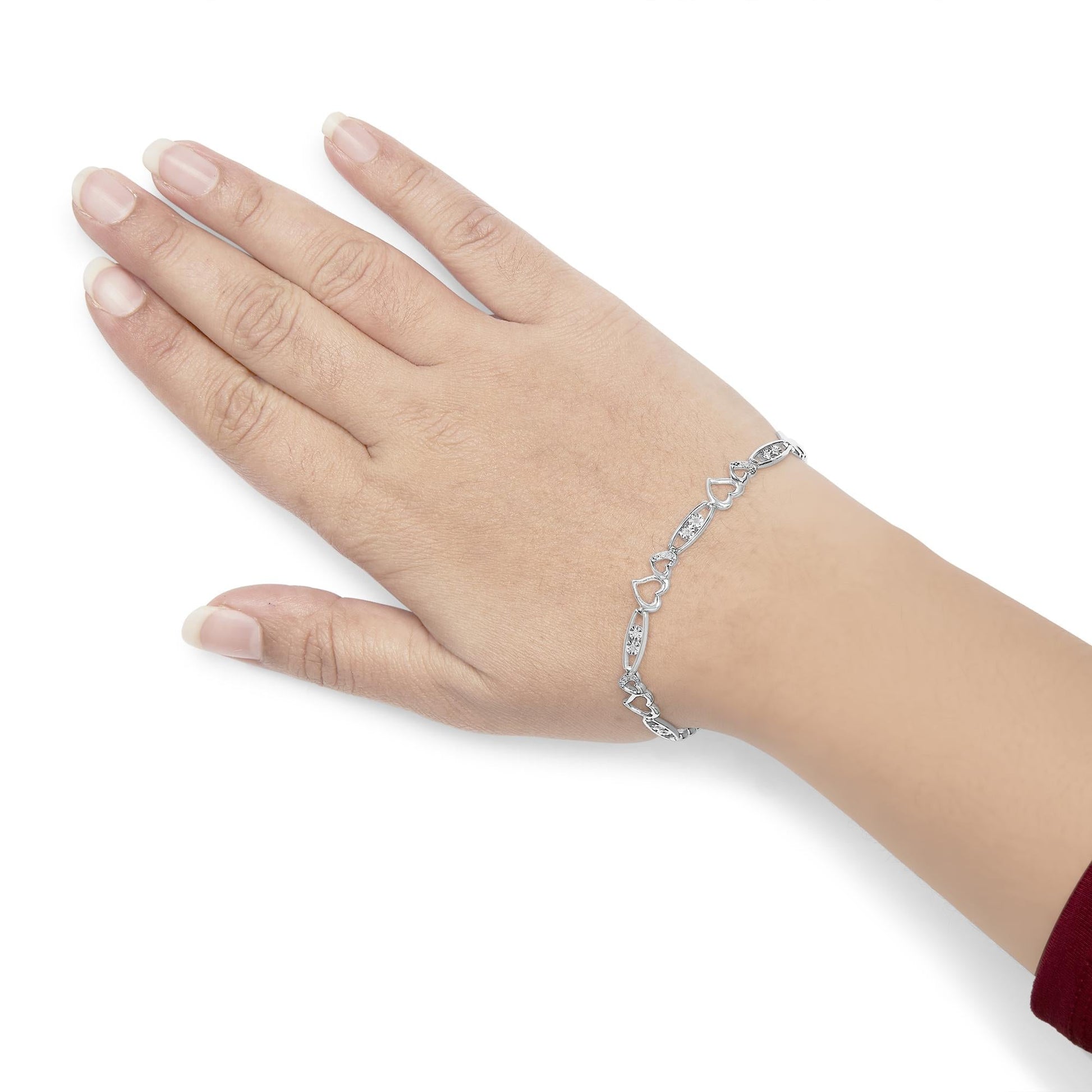 925 Sterling Silver 1/5 Cttw Diamond Double Heart Link Bracelet (I-J Color, I3 Clarity) - 7.25" Inches-2