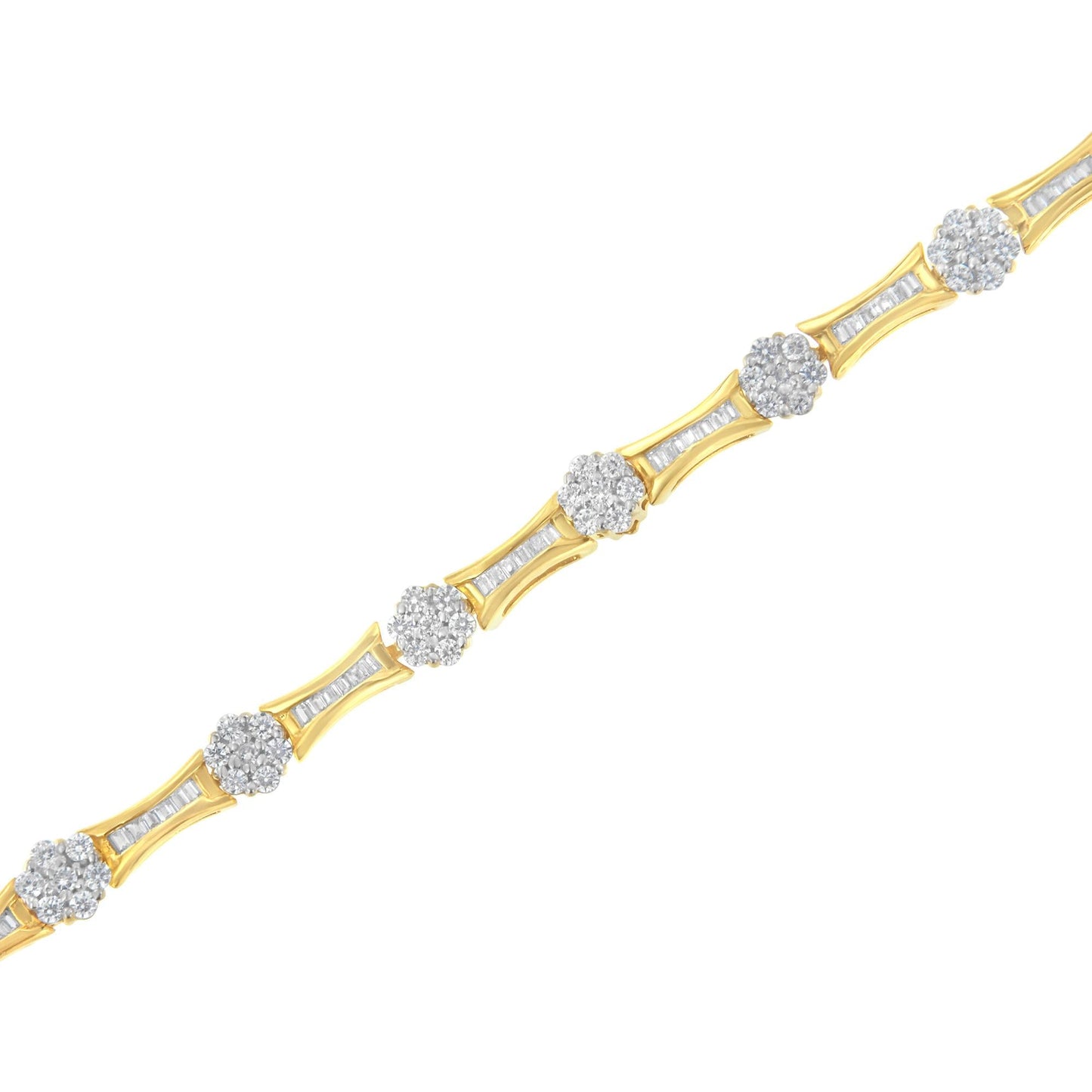 10K Yellow and White Gold 2.00 cttw Round and Baguette-Cut Diamond Link Bracelet (I-J Color, I2-I3 Clarity) - Size 7.25"-4