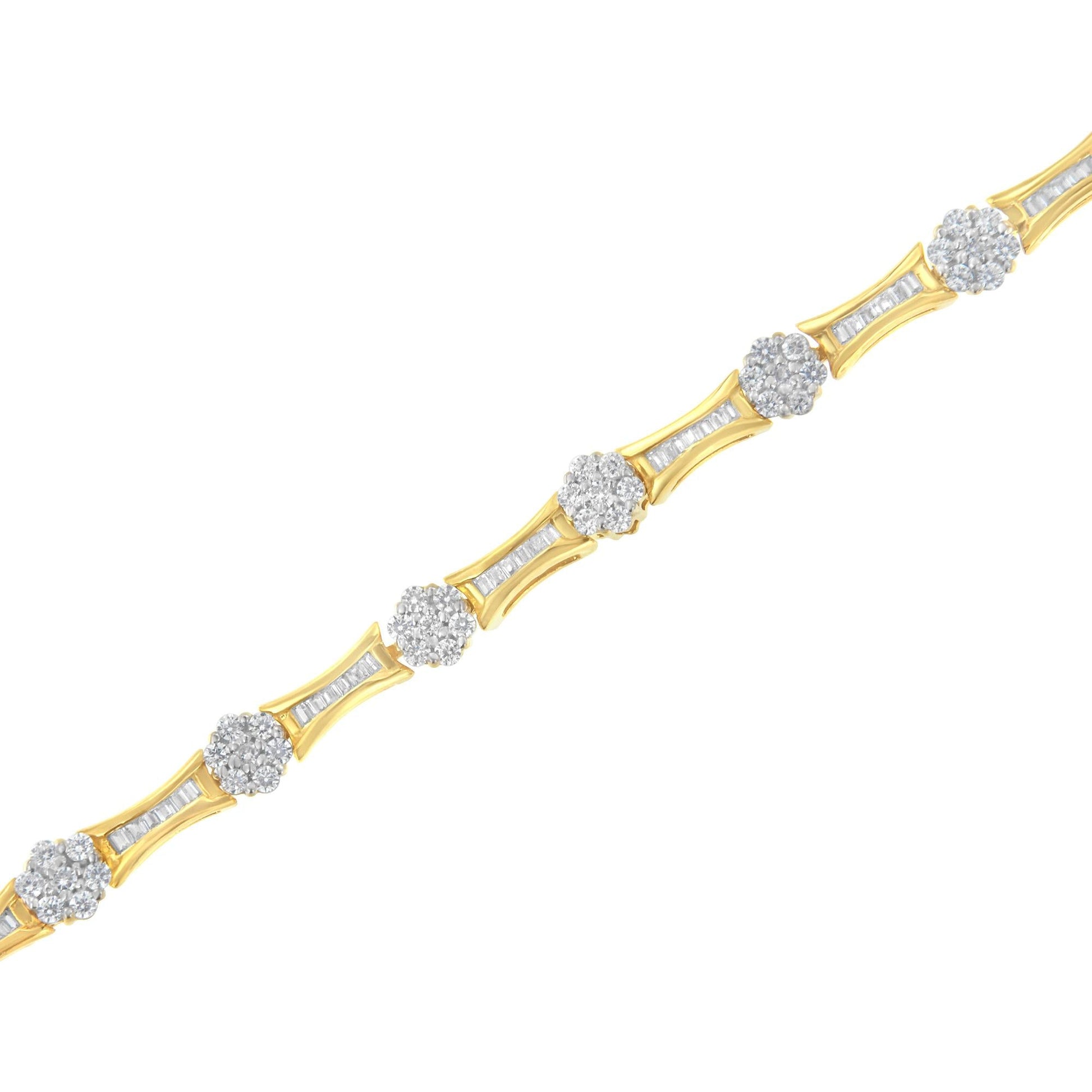 10K Yellow and White Gold 2.00 cttw Round and Baguette-Cut Diamond Link Bracelet (I-J Color, I2-I3 Clarity) - Size 7.25"-4