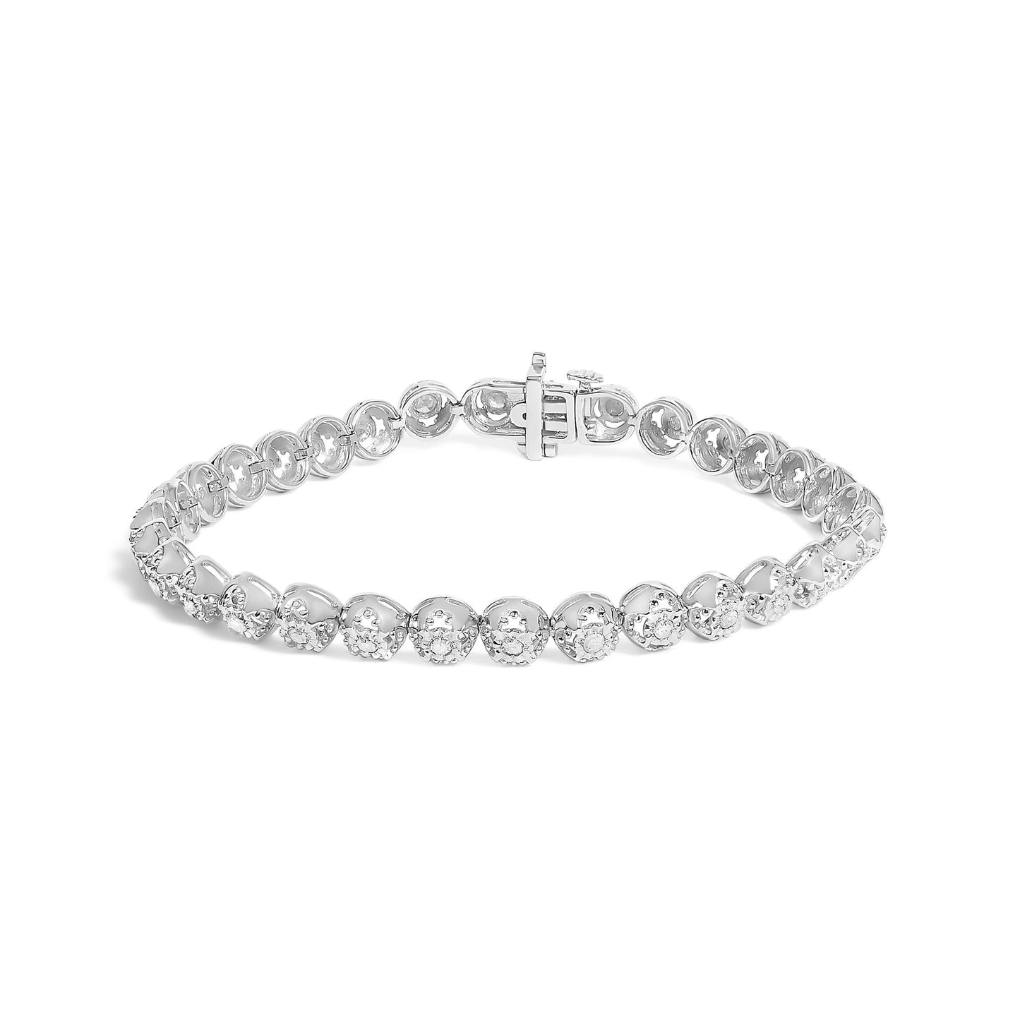 .925 Sterling Silver 1.0 Cttw Diamond Miracle-Plate Open Quatrefoil Flower Circle-Link 7" Tennis Bracelet (I-J color, I3 clarity)-0