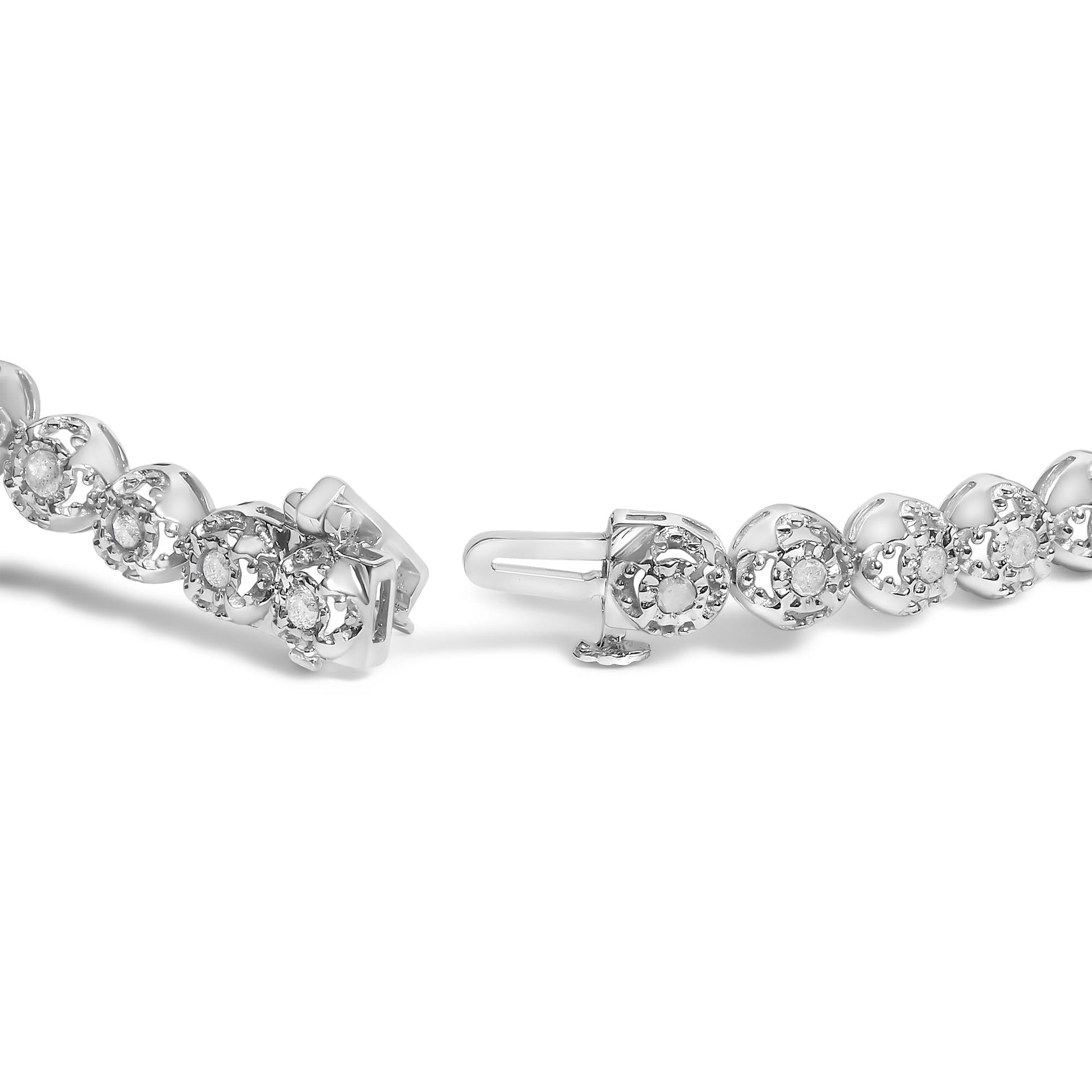 .925 Sterling Silver 1.0 Cttw Diamond Miracle-Plate Open Quatrefoil Flower Circle-Link 7" Tennis Bracelet (I-J color, I3 clarity)-1