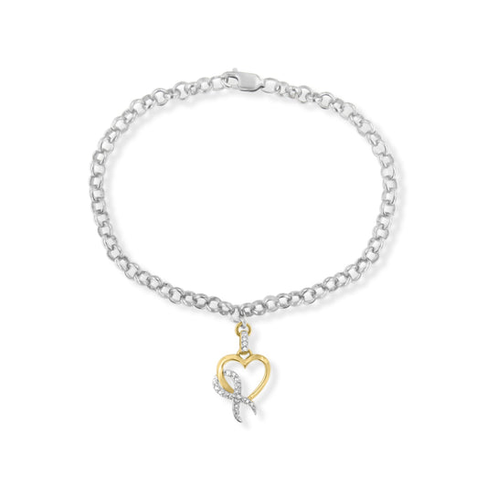 10K Yellow Gold 1/10 Cttw Diamond Awareness Ribbon & Heart Charm on 7" .925 Sterling Silver Rolo Bracelet (H-I Color, I1-I2 Clarity)-0
