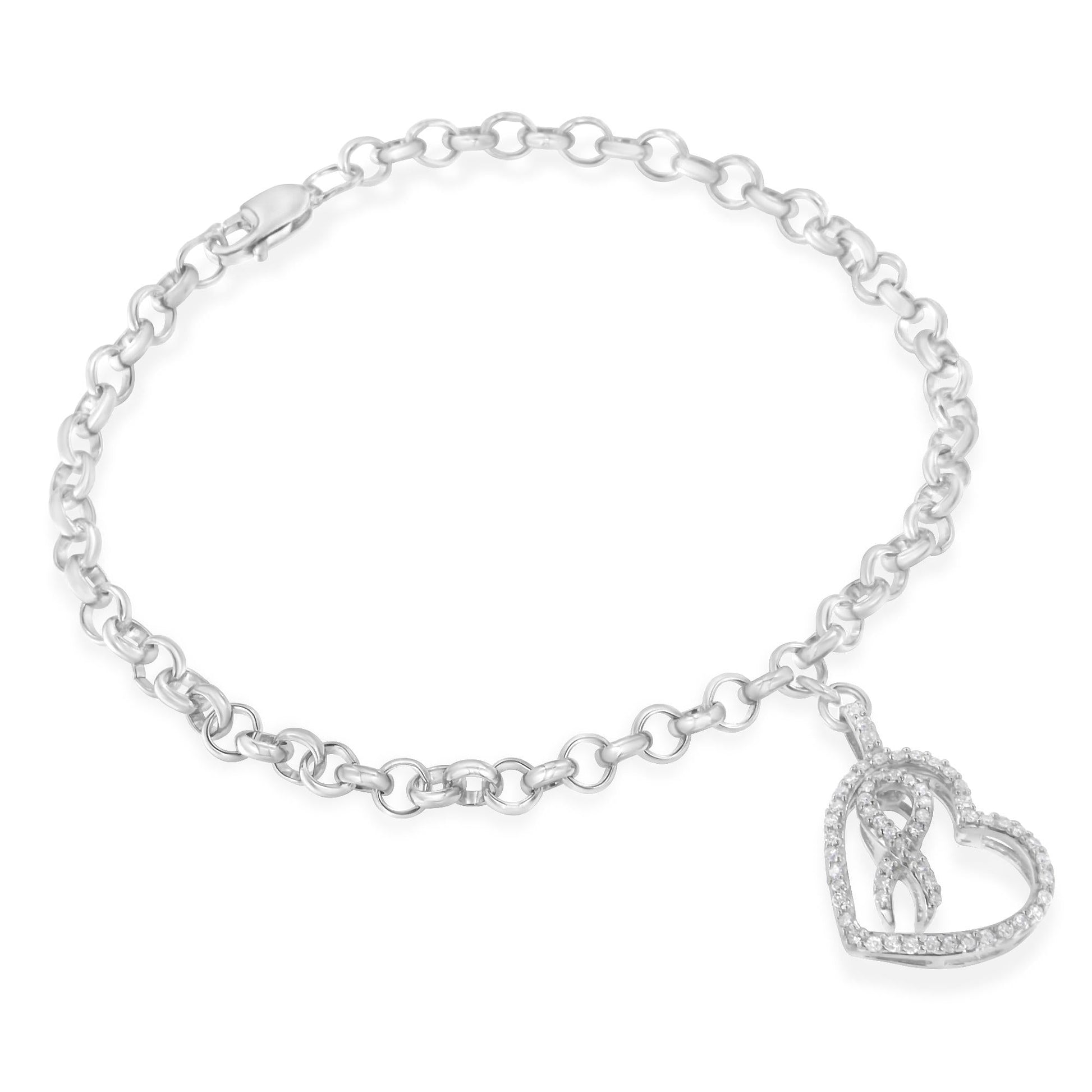 .925 Sterling Silver 1/4 Cttw Diamond-Accented Heart and Ribbon Charm 7" Link Chain Bracelet (H-I Color, I1-I2 Clarity)-0