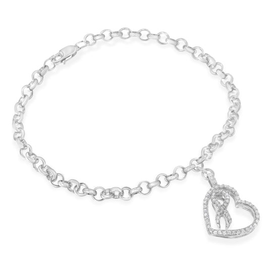 .925 Sterling Silver 1/4 Cttw Diamond-Accented Heart and Ribbon Charm 7" Link Chain Bracelet (H-I Color, I1-I2 Clarity)-0