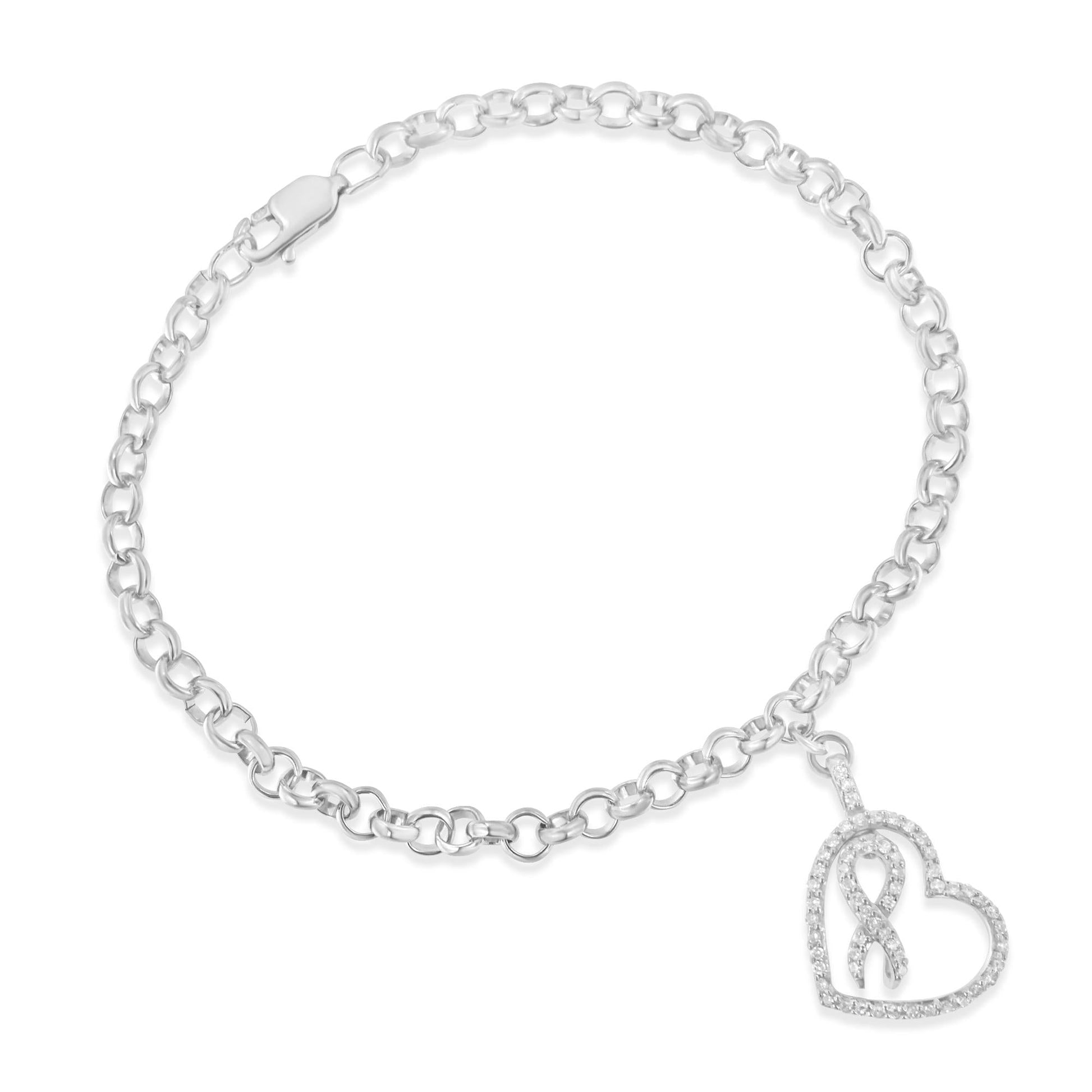 .925 Sterling Silver 1/4 Cttw Diamond-Accented Heart and Ribbon Charm 7" Link Chain Bracelet (H-I Color, I1-I2 Clarity)-1
