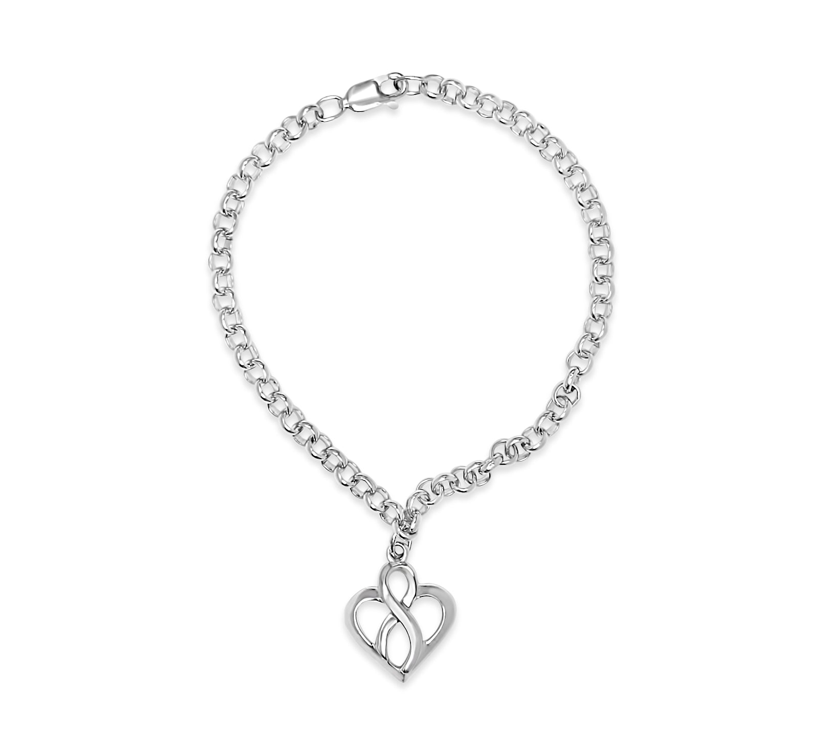 .925 Sterling Silver Open Heart with Center Vertical Infinity Chain Charm Bracelet - Size 7"-0