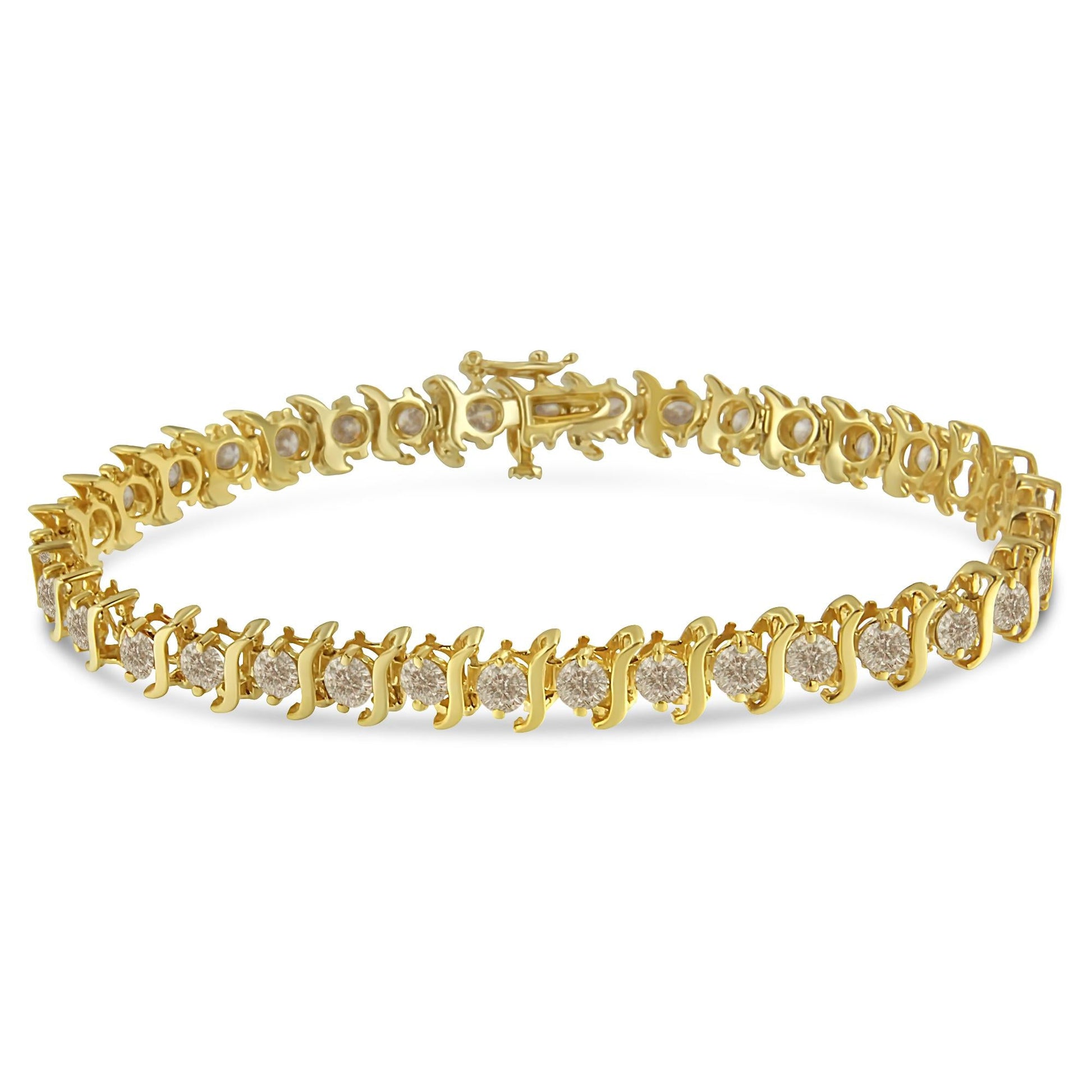 10K Yellow Gold Plated .925 Sterling Silver 7.0 cttw 2-Prong Set Round Brilliant Cut Diamond "S" Link Bracelet (J-K color, I1-I2 clarity) - 7"-1