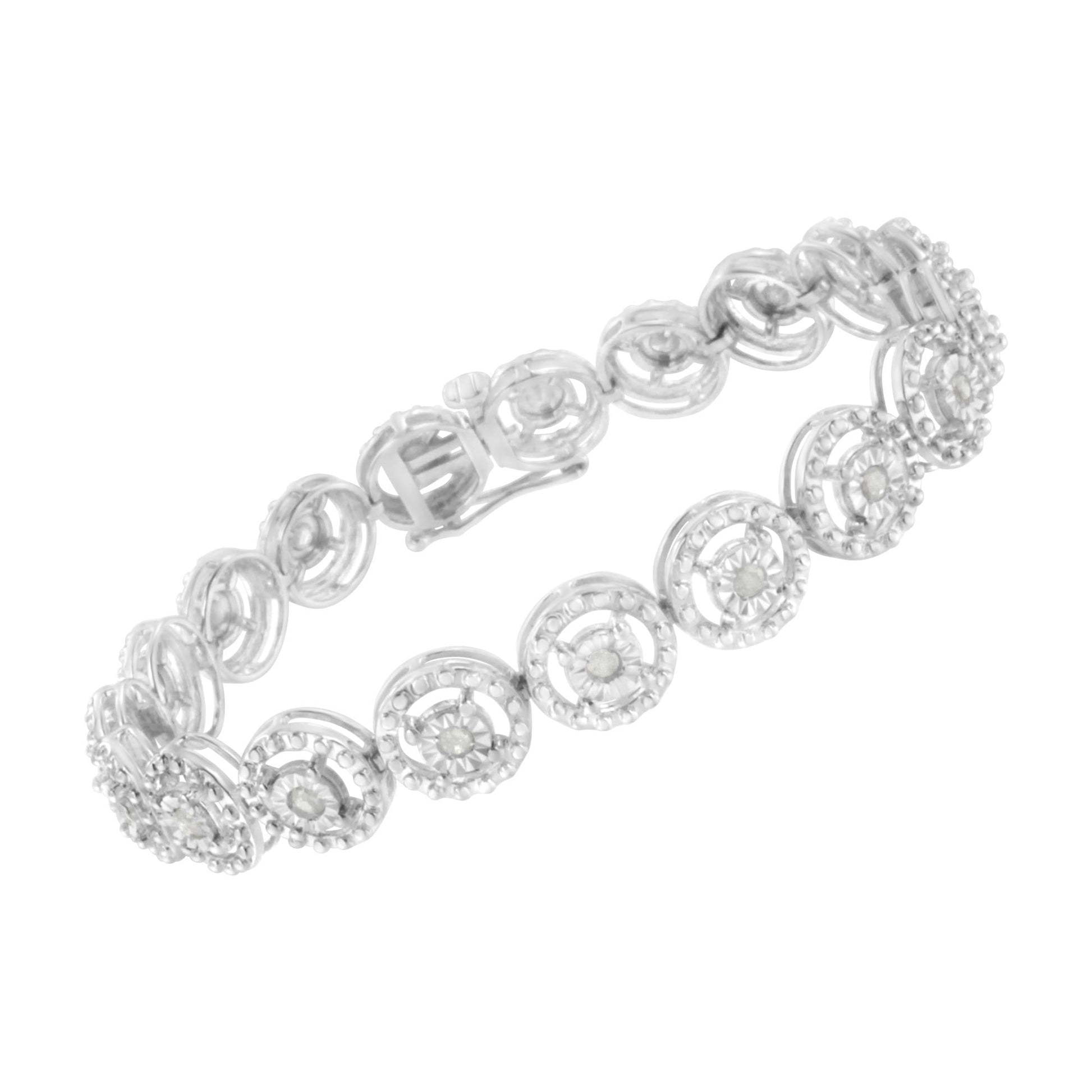 .925 Sterling Silver 1.0 Cttw Diamond Nested Circle Miracle Set Open Wheel 7" Fashion Link Bracelet (I-J Color, I3 Clarity)-3
