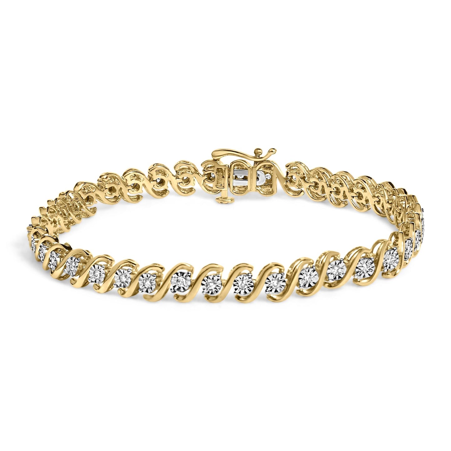 14K Yellow Gold Plated .925 Sterling Silver 1/2 Cttw Round Miracle-Set Diamond S-Curve Tennis Bracelet (I-J Color, I3 Clarity) - 7"-0