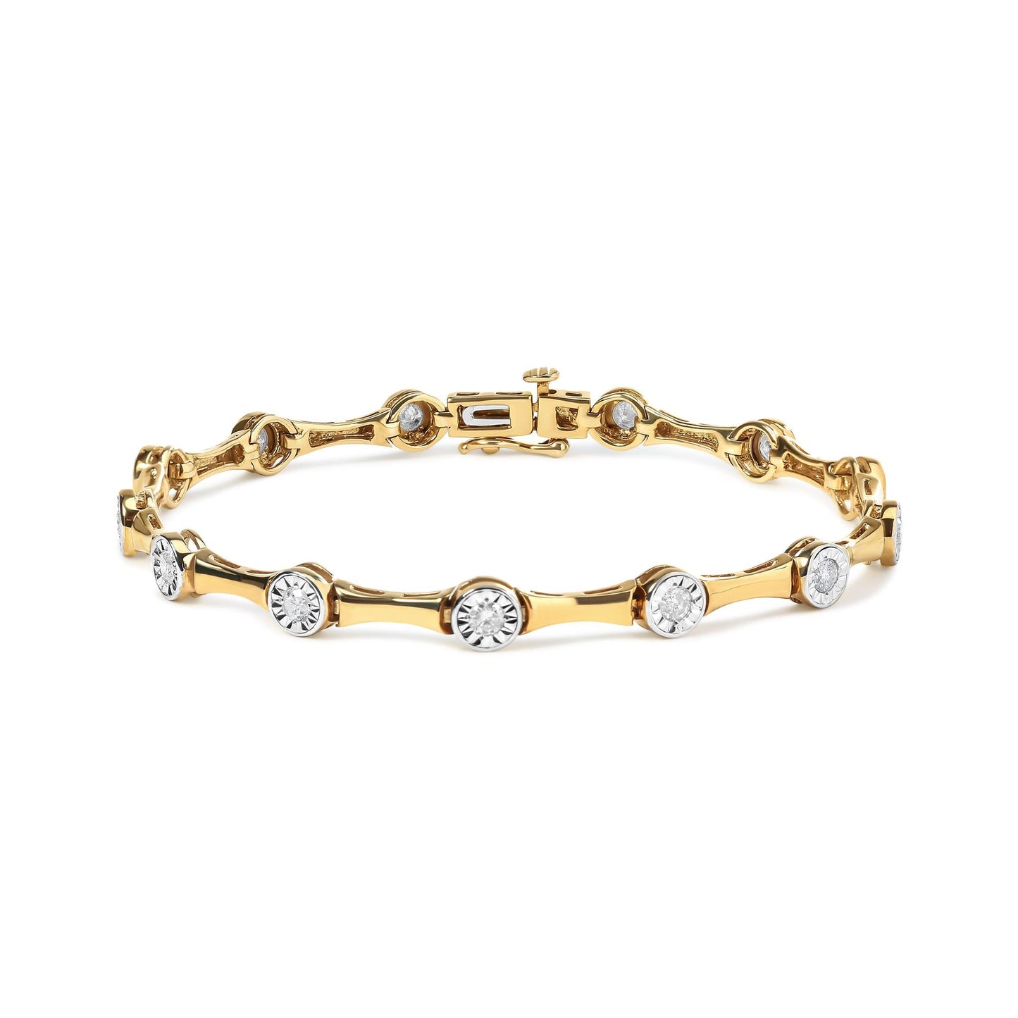 10K Yellow Gold Plated .925 Sterling Silver 1.0 Cttw Miracle Set Diamond Bezel Style Station Link Bracelet (H-I Color, I3 Clarity) - Size 7"-0