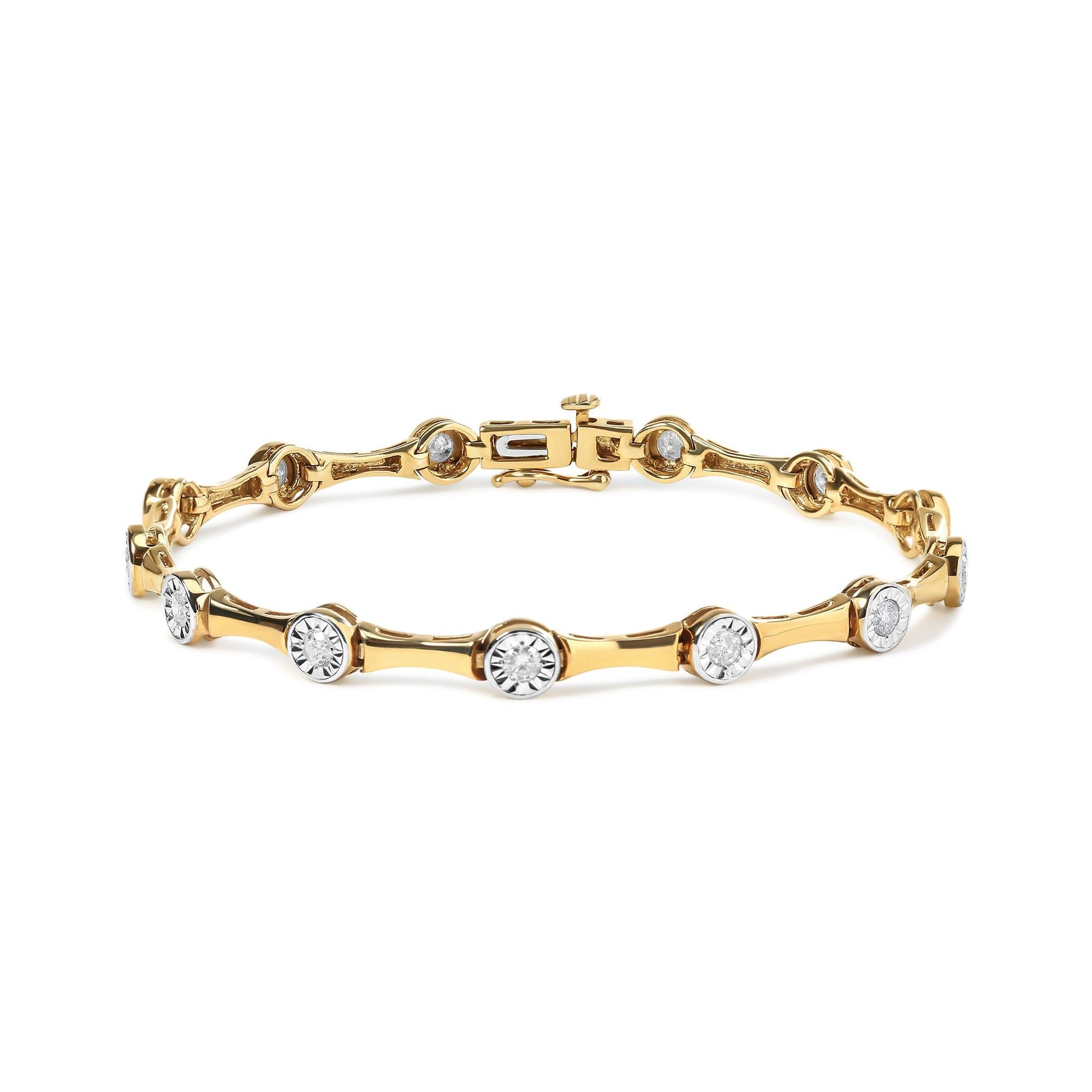 10K Yellow Gold Plated .925 Sterling Silver 1.0 Cttw Miracle Set Diamond Bezel Style Station Link Bracelet (H-I Color, I3 Clarity) - Size 7"-0