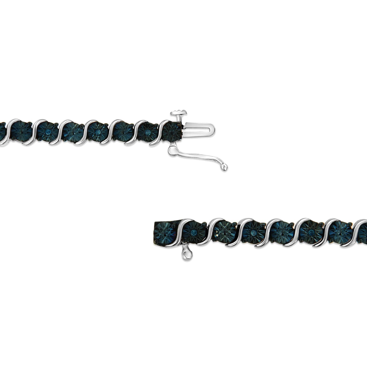 .925 Sterling Silver 1/10 Cttw Miracle-Set Treated Blue Color Diamond Miracle Plate "S" Link Tennis Bracelet (Blue Color, I2- I3 Clarity) - 7.25"-3