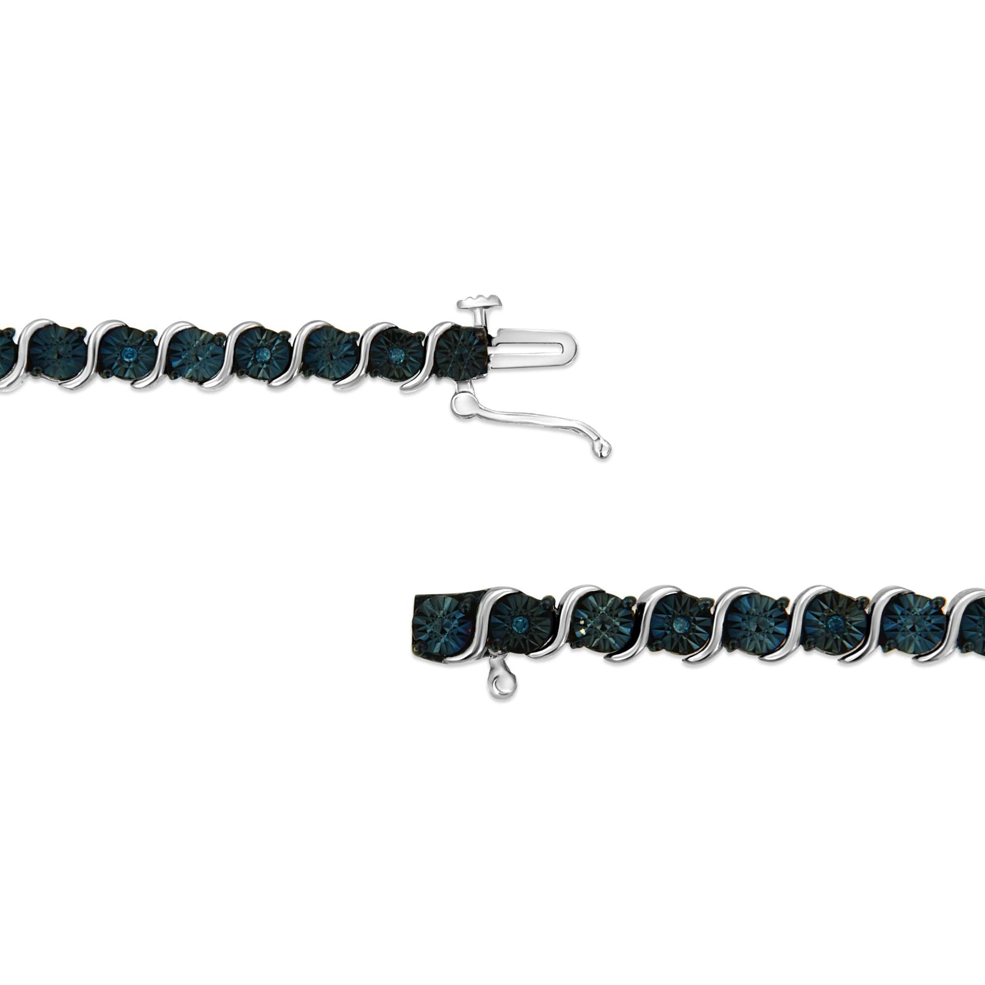 .925 Sterling Silver 1/10 Cttw Miracle-Set Treated Blue Color Diamond Miracle Plate "S" Link Tennis Bracelet (Blue Color, I2- I3 Clarity) - 7.25"-3