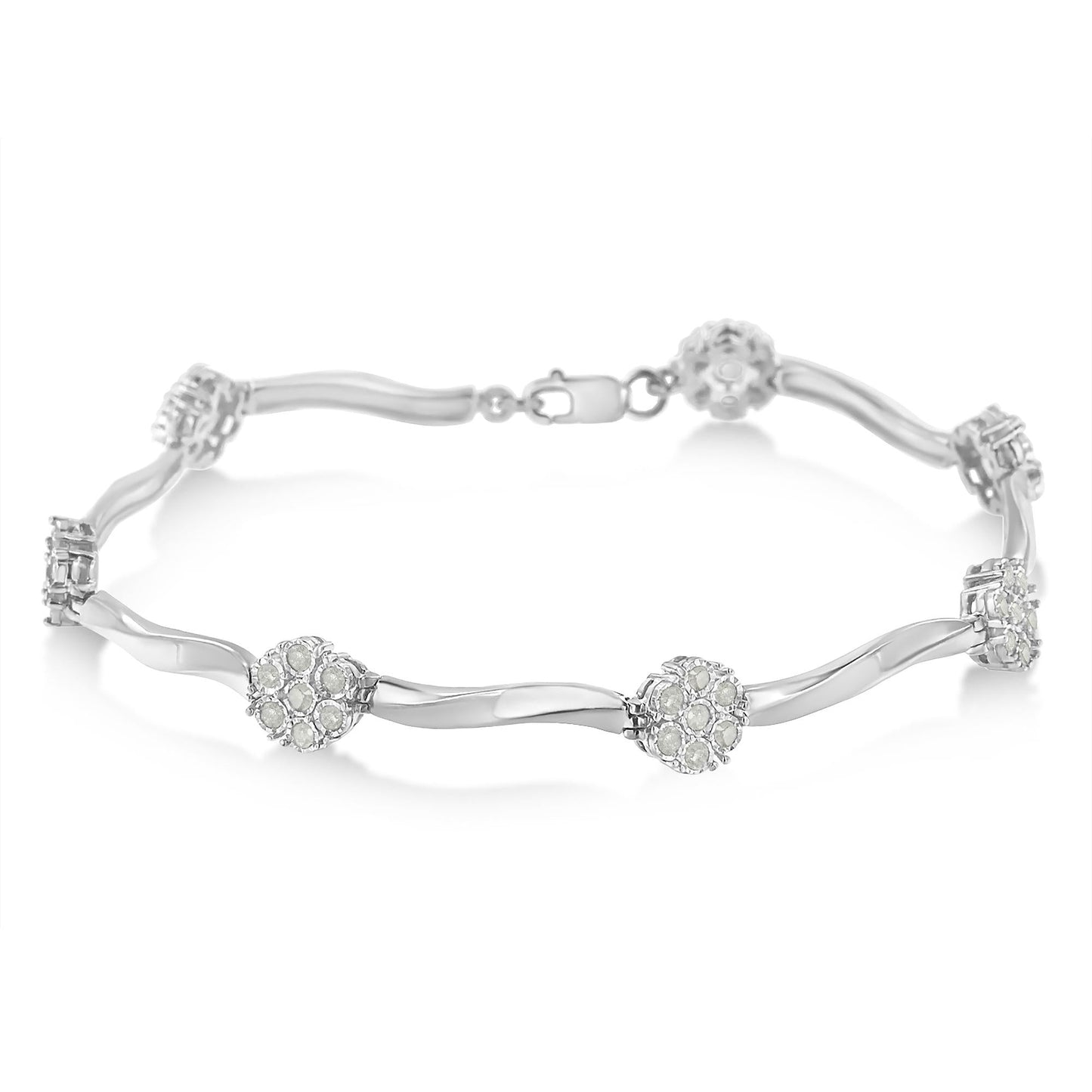 .925 Sterling Silver 1.0 cttw Miracle-Set Diamond 7 Stone Floral Cluster Link Bracelet (I-J Color, I3 Clarity) -7"-1
