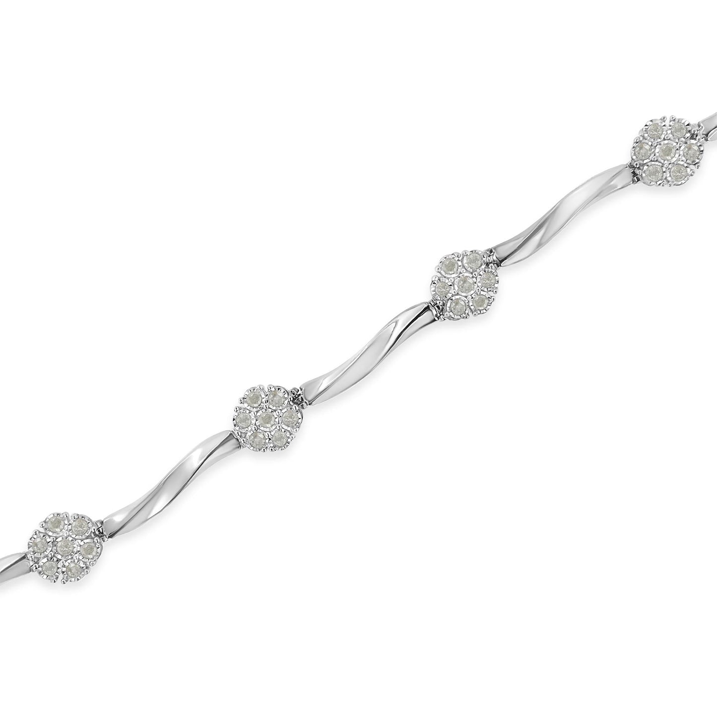 .925 Sterling Silver 1.0 cttw Miracle-Set Diamond 7 Stone Floral Cluster Link Bracelet (I-J Color, I3 Clarity) -7"-3
