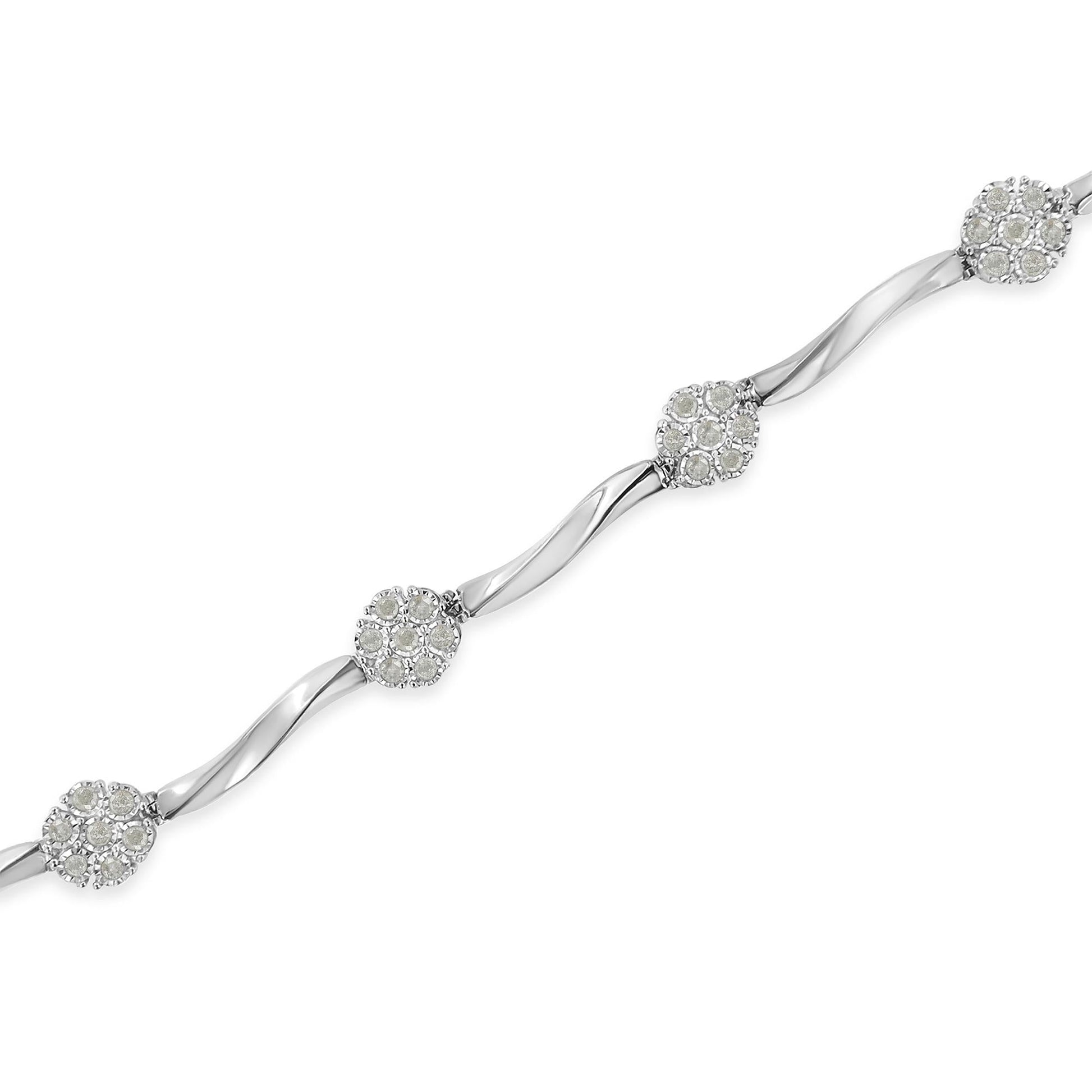 .925 Sterling Silver 1.0 cttw Miracle-Set Diamond 7 Stone Floral Cluster Link Bracelet (I-J Color, I3 Clarity) -7"-3