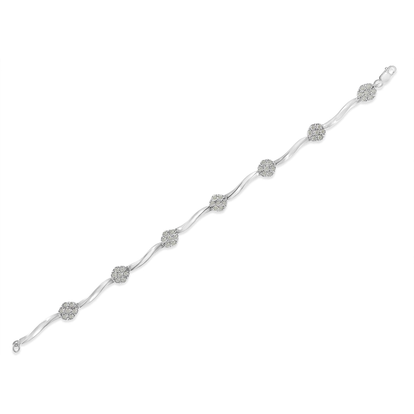 .925 Sterling Silver 1/4 Cttw Diamond Cluster Miracle-Set Station & Twisted Bar 7" Tennis Bracelet (H-I Color, I2-I3 Clarity)-4